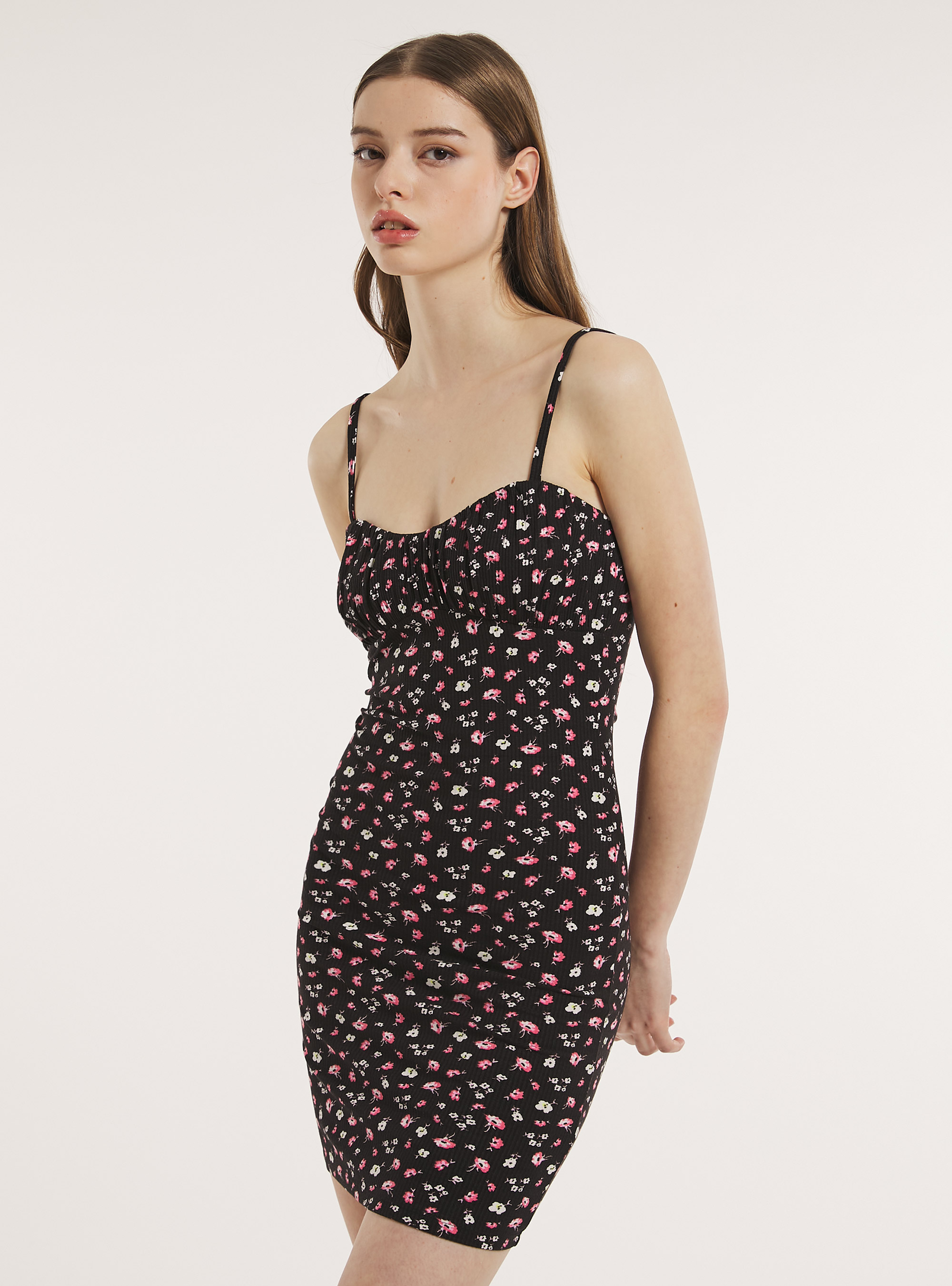 Abito con bretelline stampa floreale, FLOWER BLACK