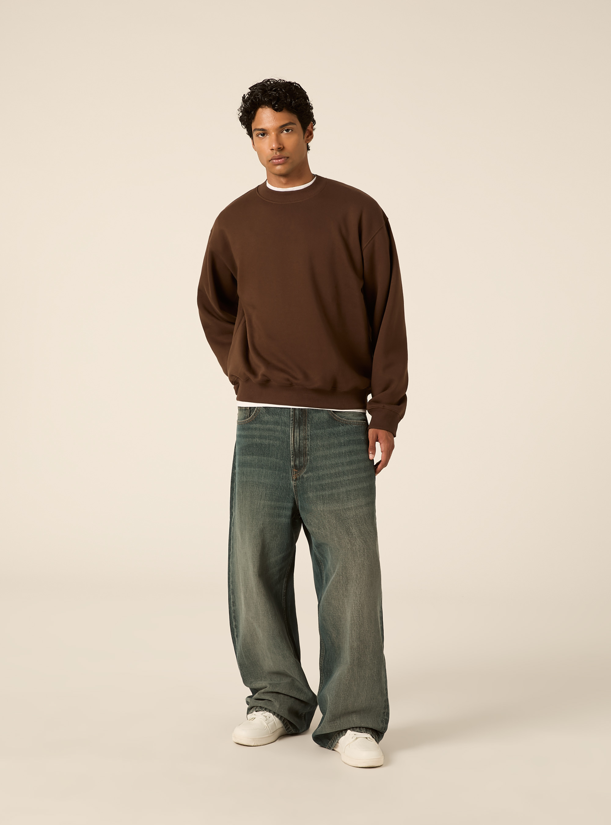 Felpa girocollo basica boxy fit, BR2 BROWN MEDIUM