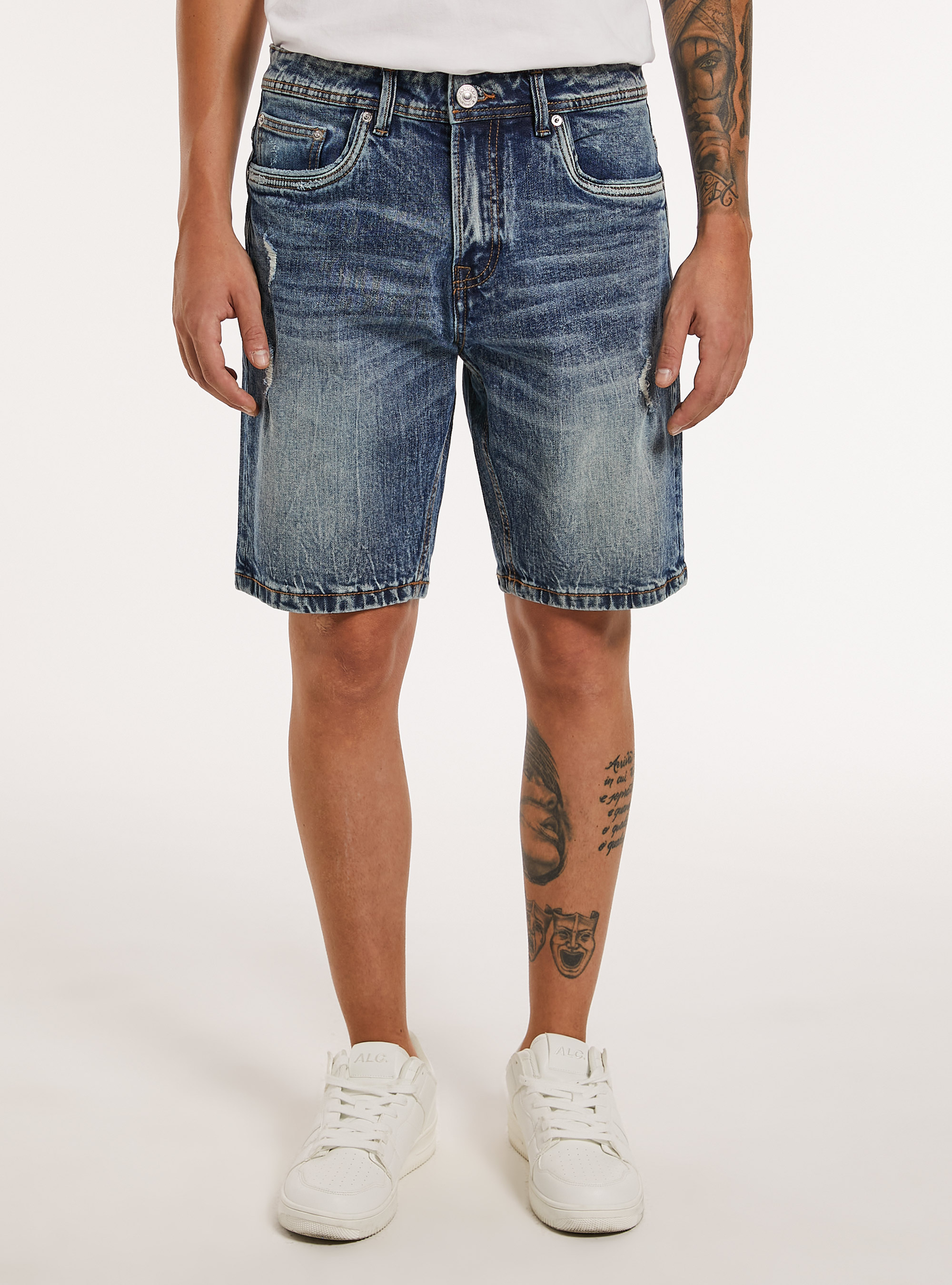 Stretch denim slim fit bermuda shorts with rips, D002 MEDIUM DARK BLUE