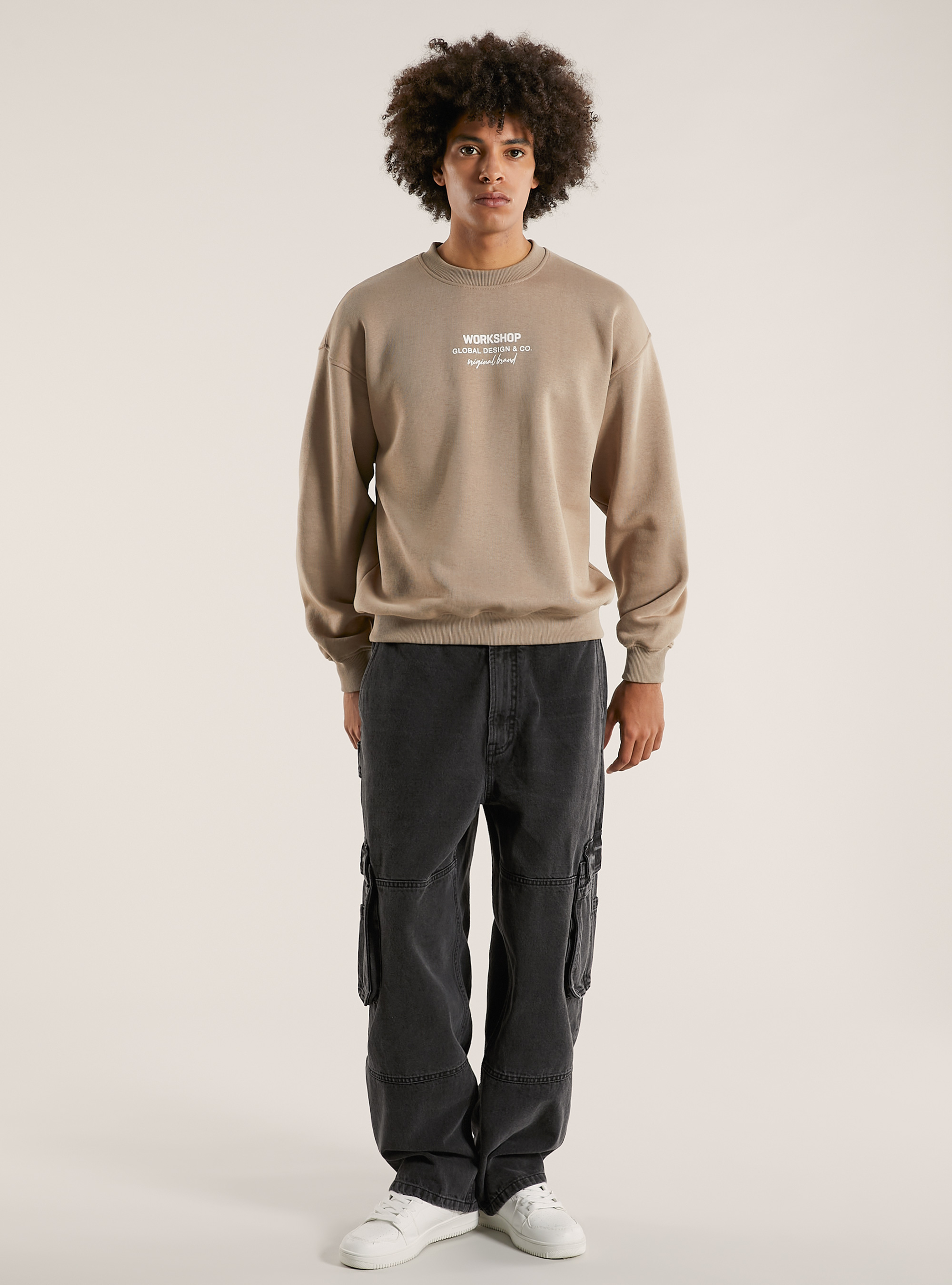 Sudadera boxy fit con estampado Workshop, BG1 BEIGE DARK