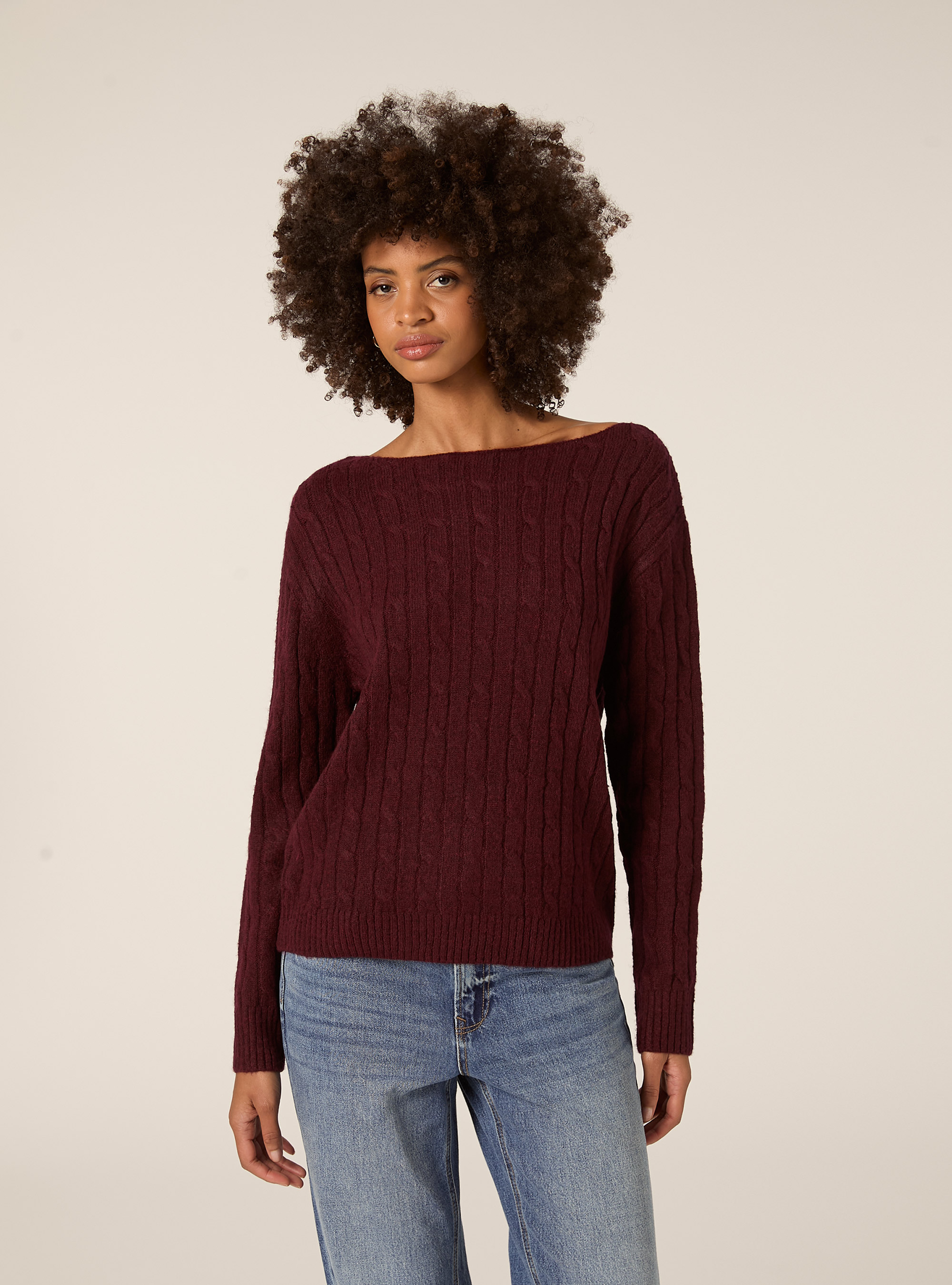 Maglia scollo barca a trecce, BO1 BORDEAUX DARK