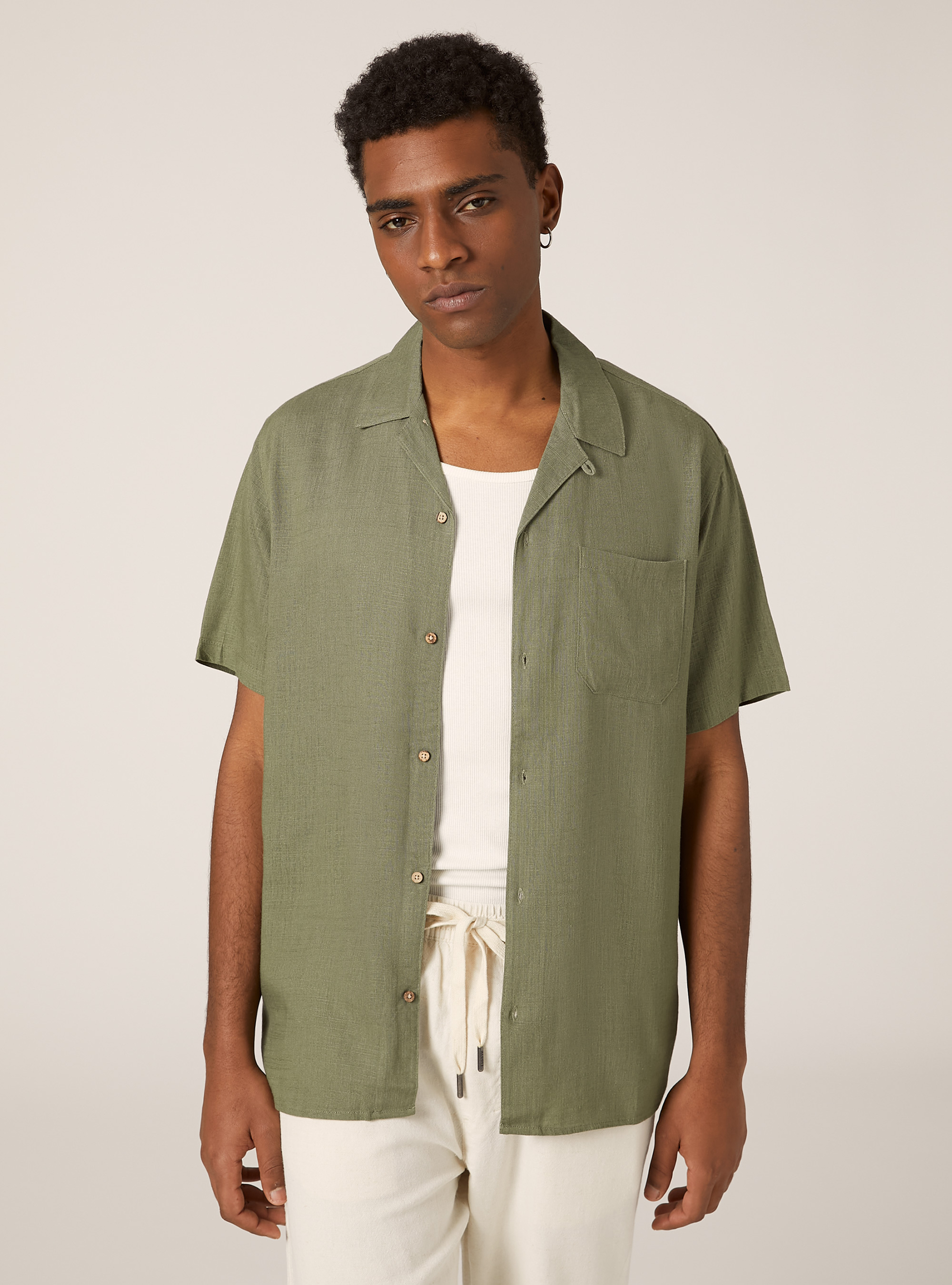 Linen blend shirt with bowling collar, KY2 KAKY MEDIUM