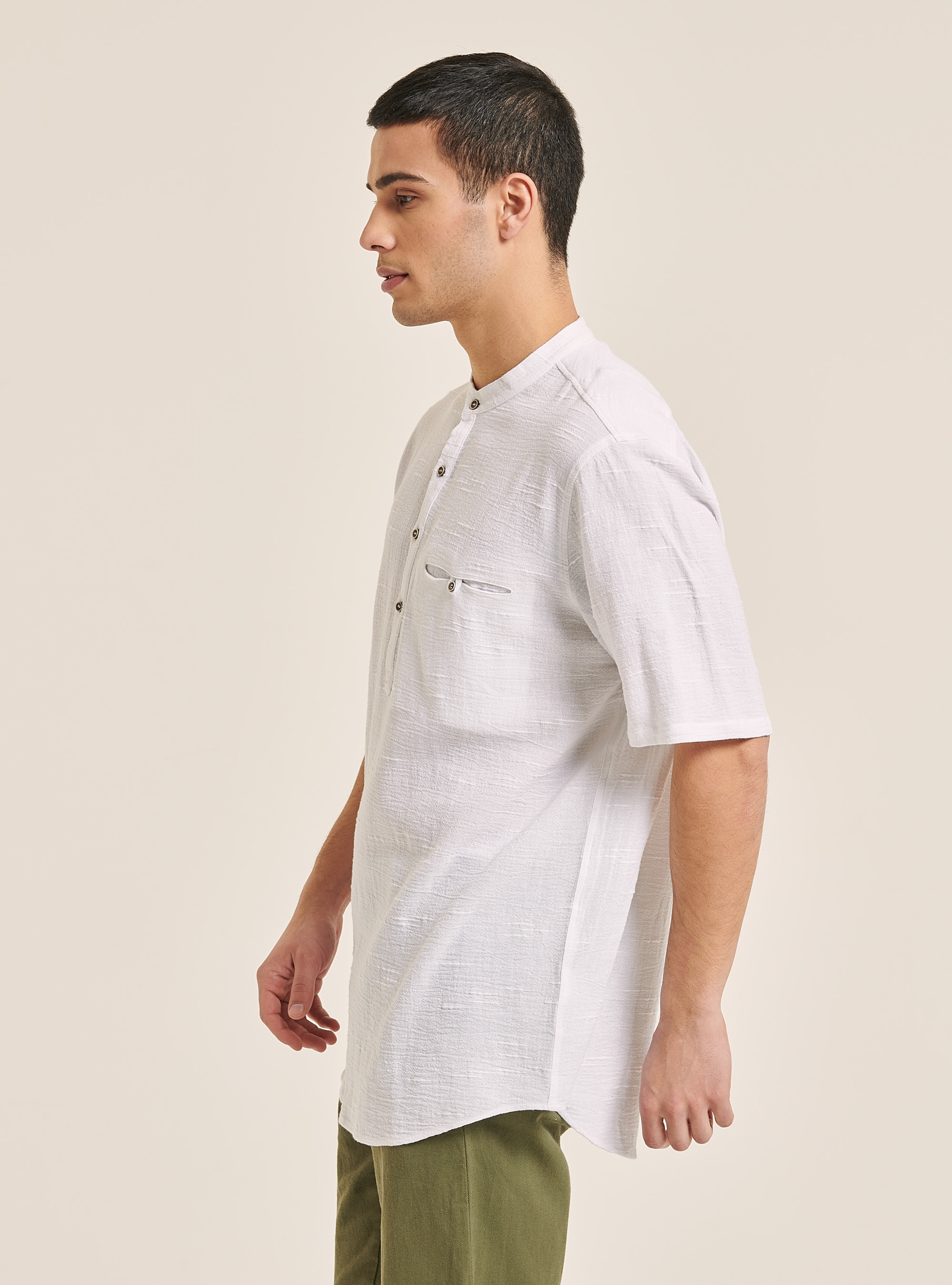 Linen blend shirt with Korean collar, WHITE