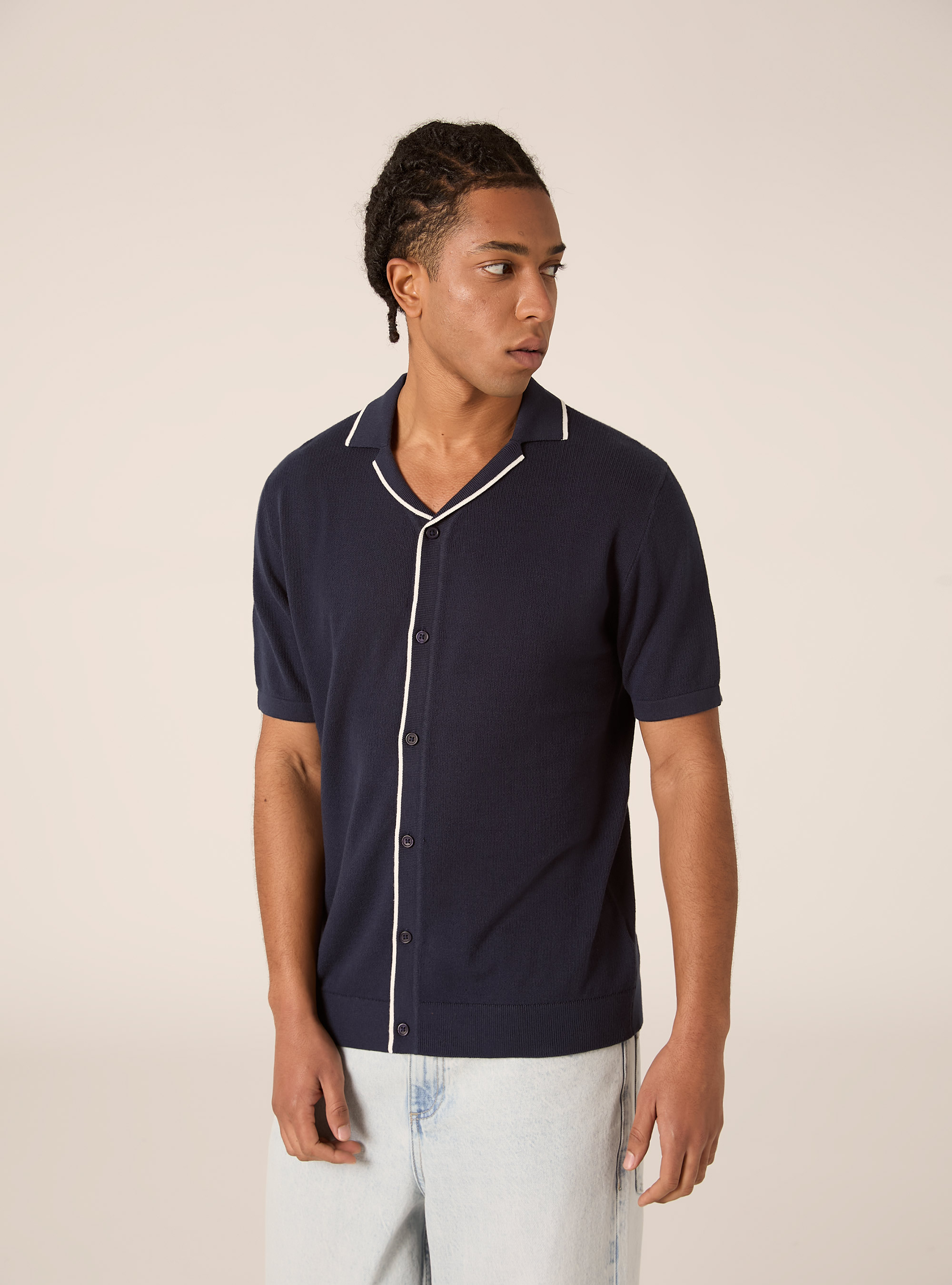 Cardigan con collo polo e bordino in  contrasto, NA2 NAVY MEDIUM