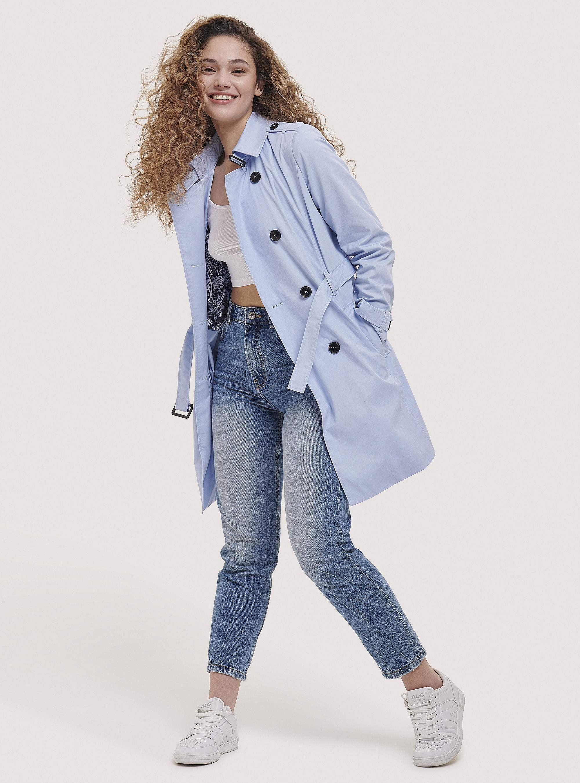 Trench morbido con cintura, AZZURRO