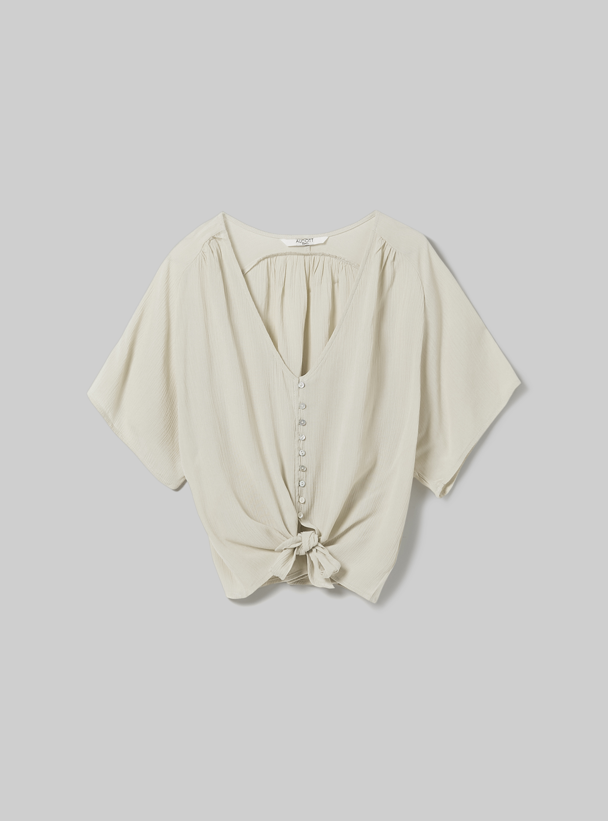 Chemise unie à col en V avec noeud à la taille, BG3 BEIGE LIGHT