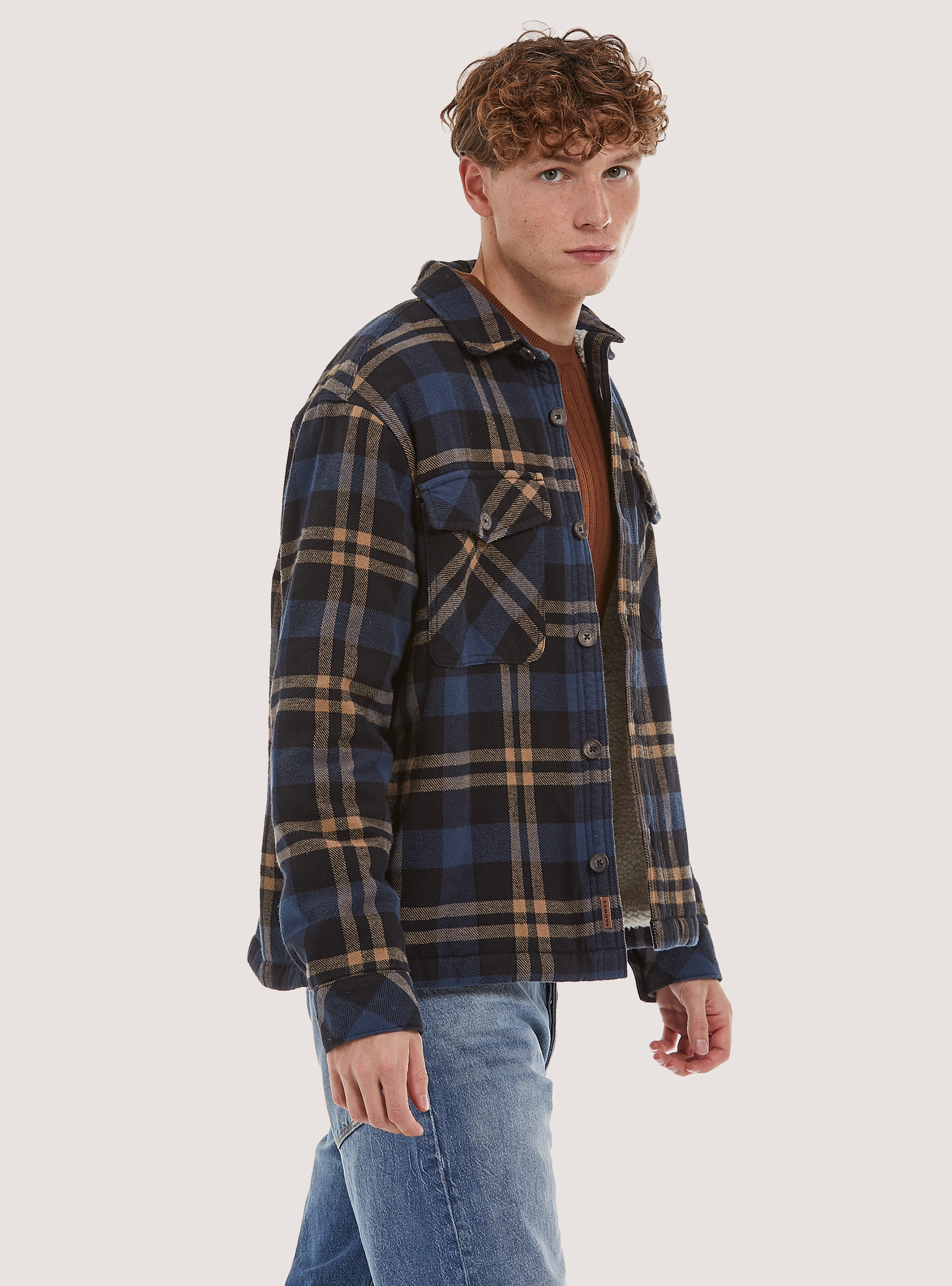 Plaid padded shirt jacket with lambskin lining, NA1 NAVY DARK
