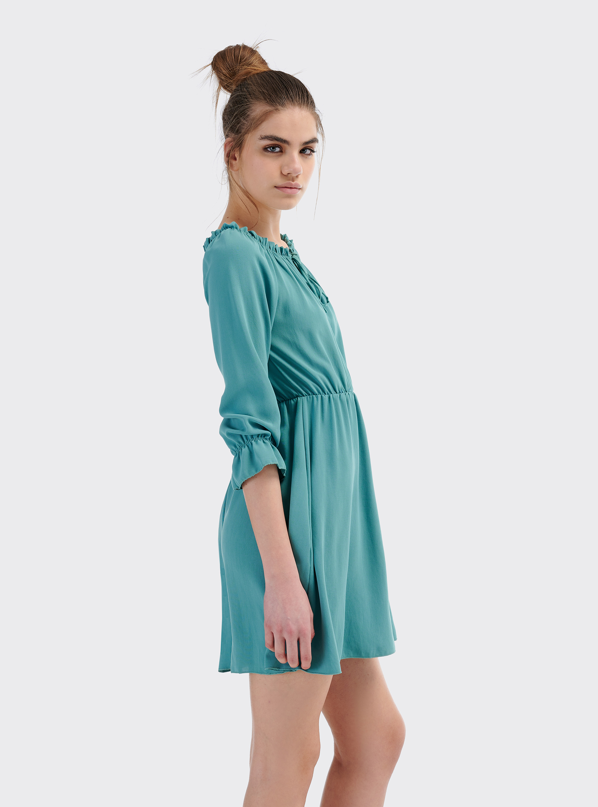 Vestito scollo bardot con elastico in vita, GREEN