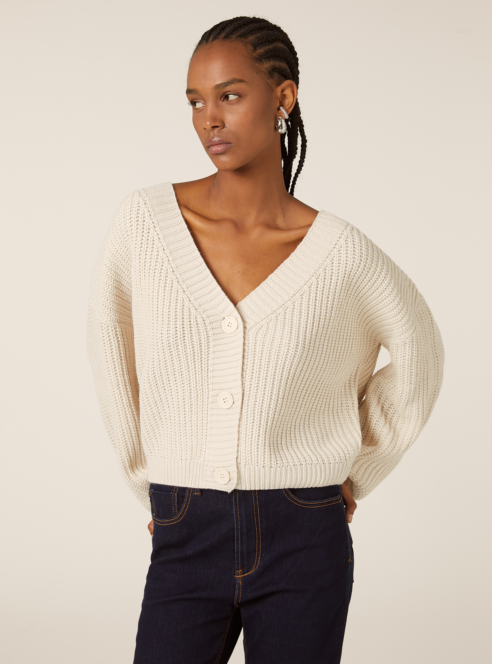 Knitted cardigan with V-neck, MWH1 WHITE MEL DARK