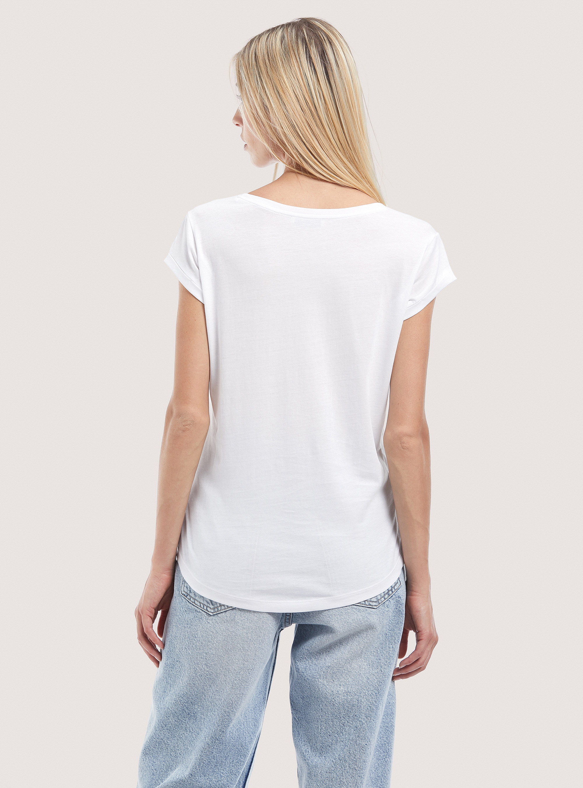 Camiseta básica de algodón con bolsillo en el pecho, BLANCO