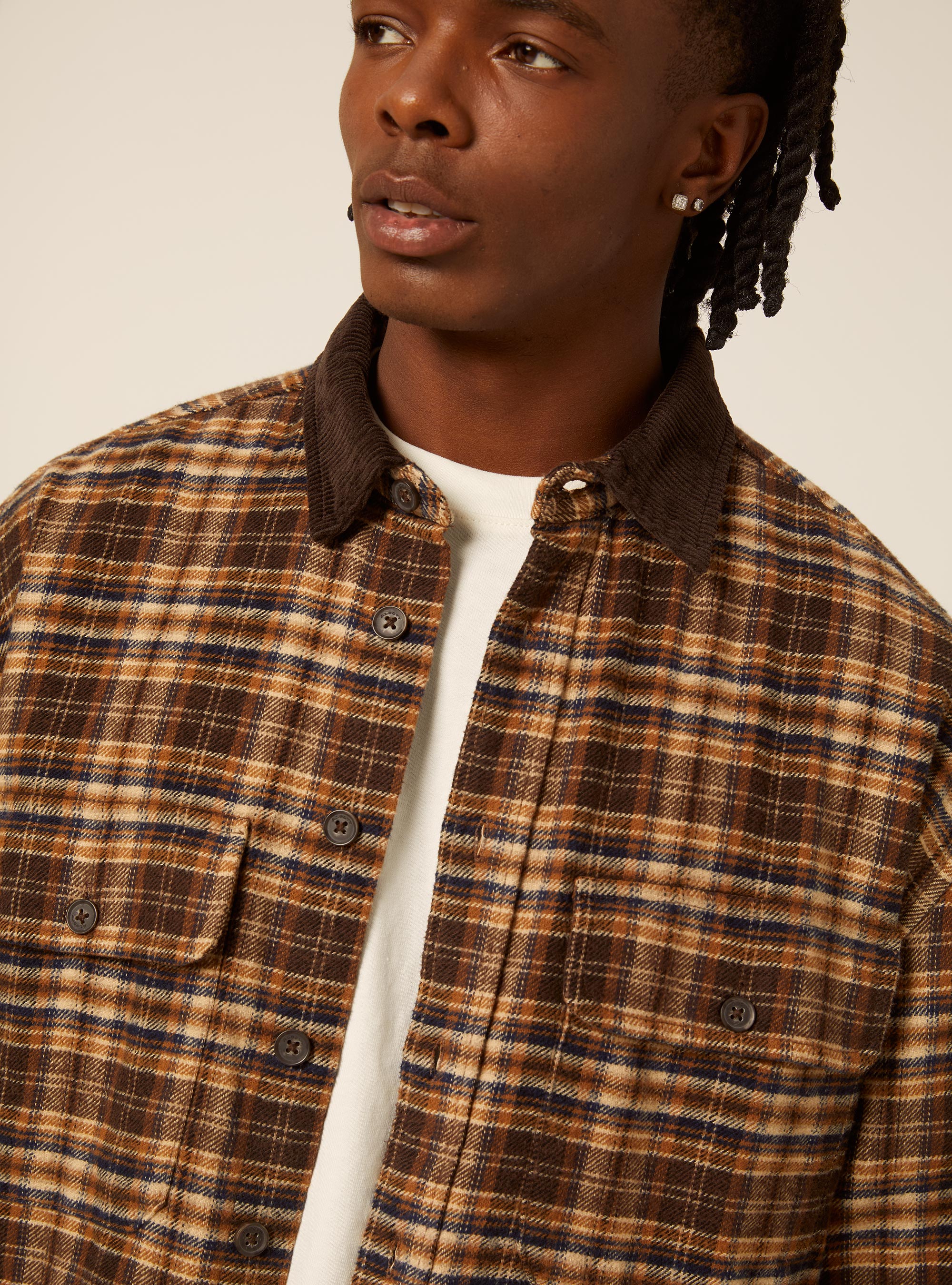 Camicia oversize in flanella e collo in  velluto, BR2 BROWN MEDIUM