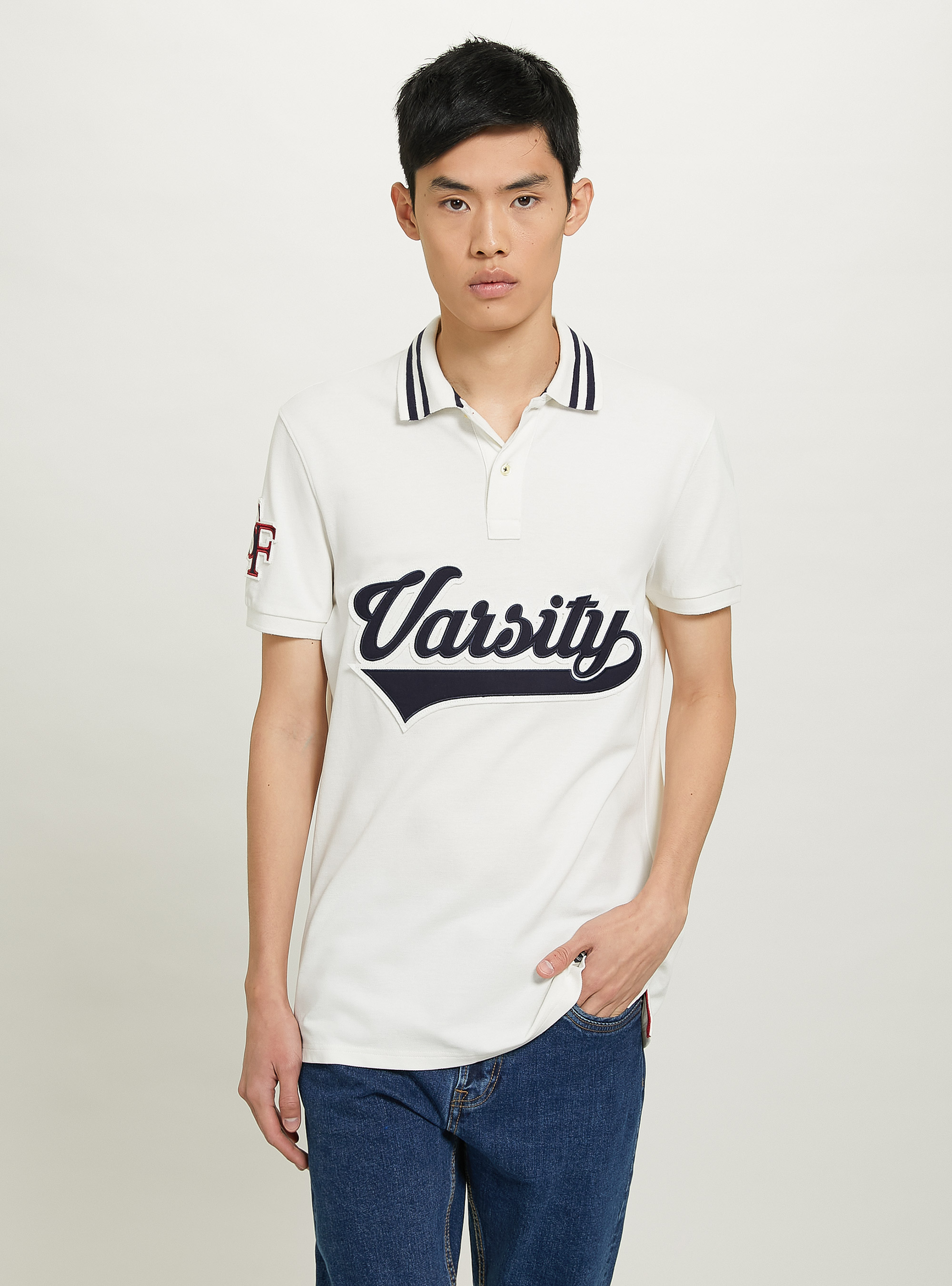 Polo en coton avec patch Varsity, C0020 OFF WHITE