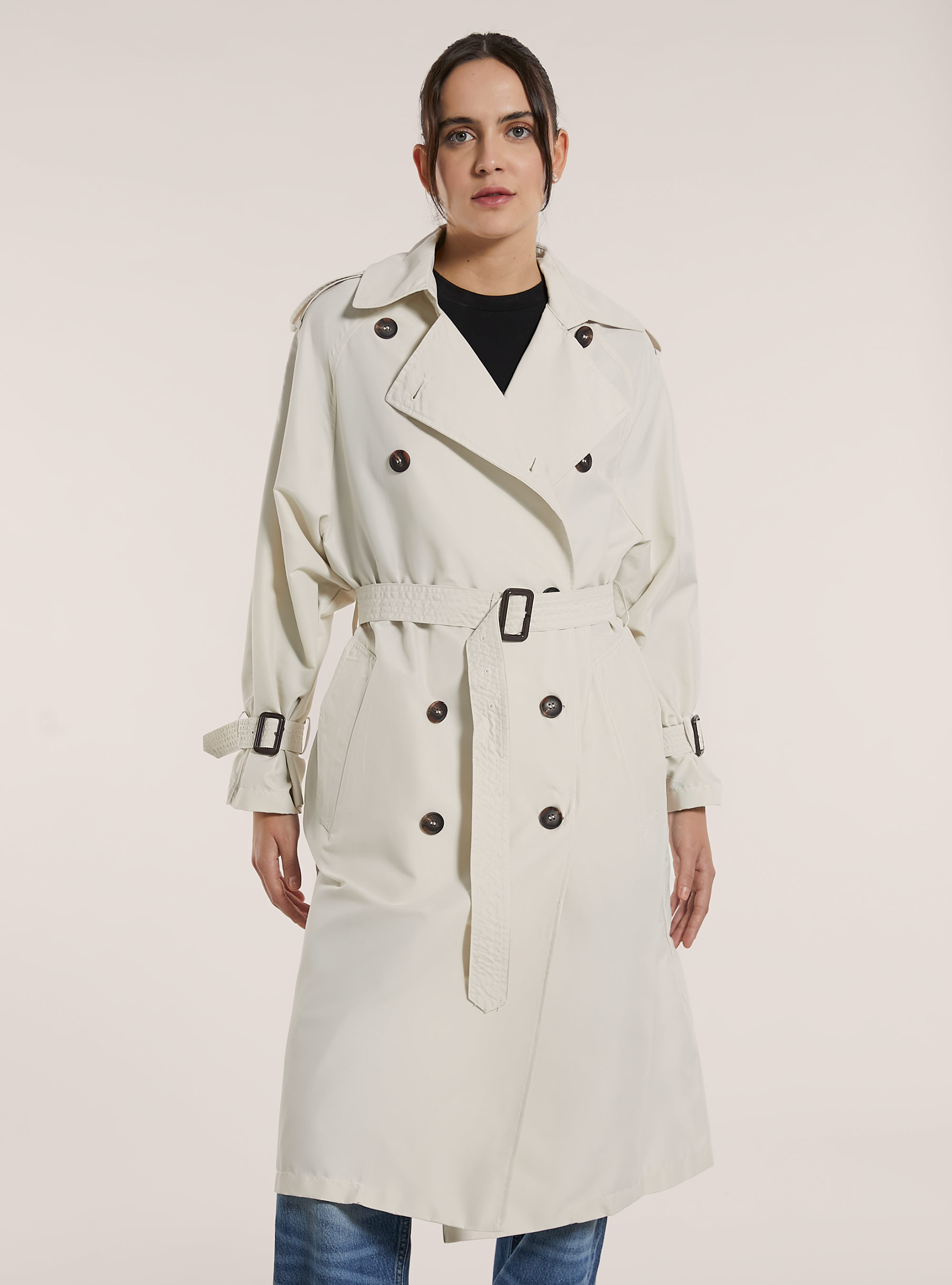 Trench lungo con cintura, WH1 OFF WHITE