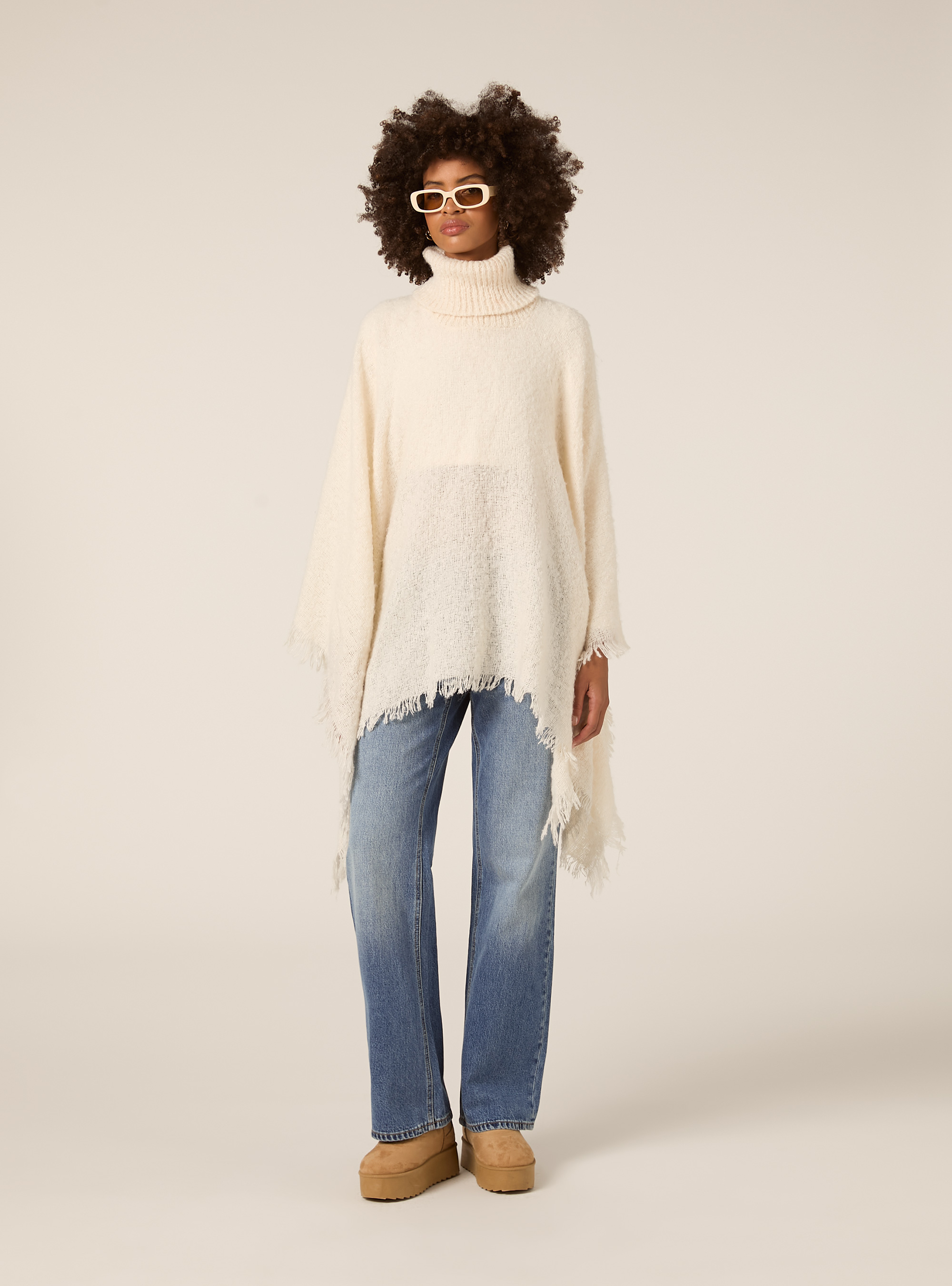 Soft touch high neck poncho, WH1 OFF WHITE