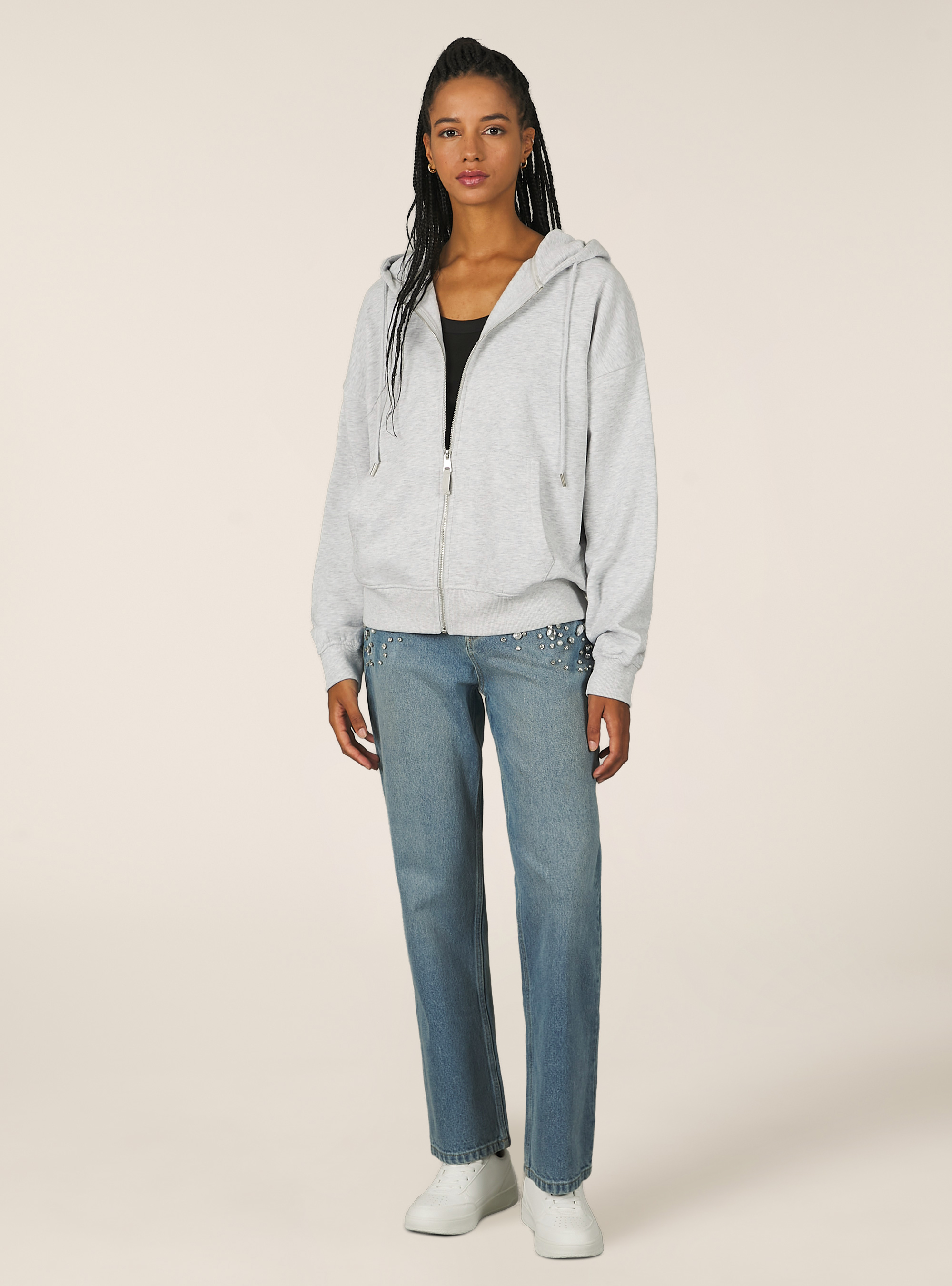 Zip et sweat à capuche en coton, MGY3 GREY MEL LIGHT