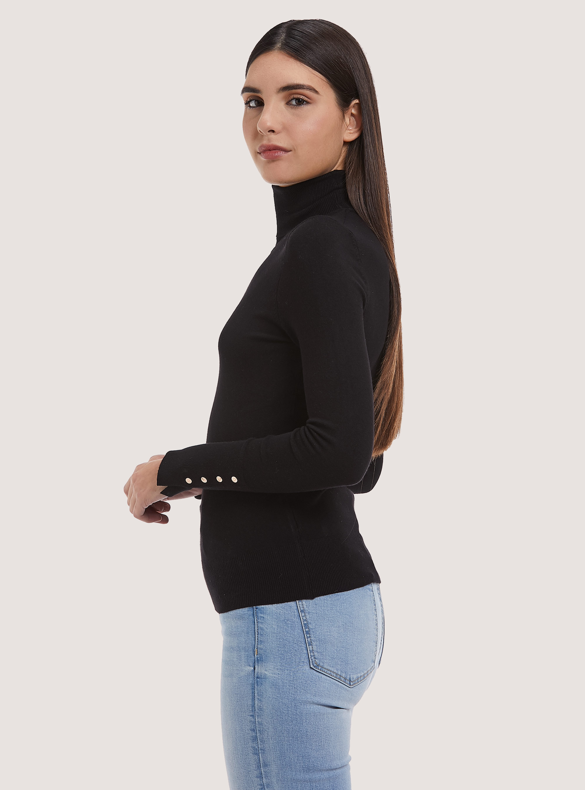 Pullover a collo alto con bottoni sulla manica, BK1 BLACK