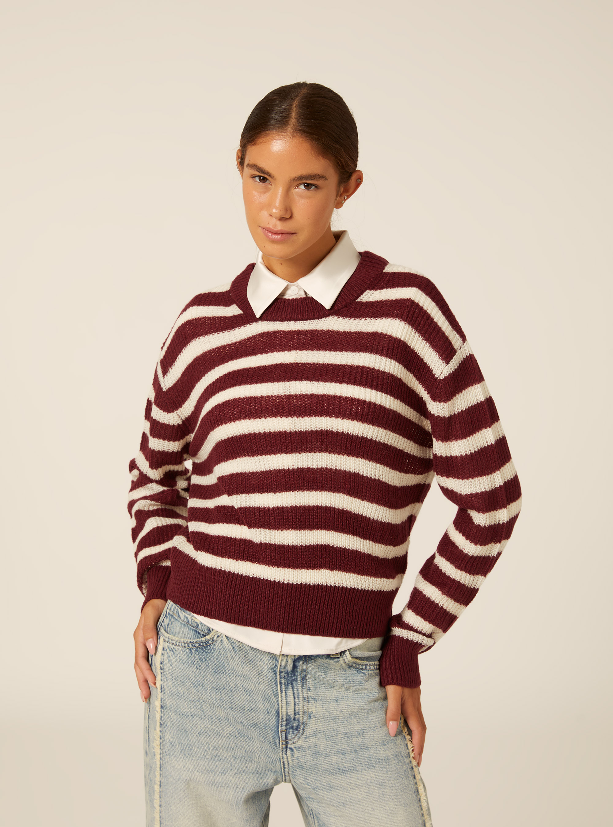 Pullover girocollo a righe, BO1 BORDEAUX DARK