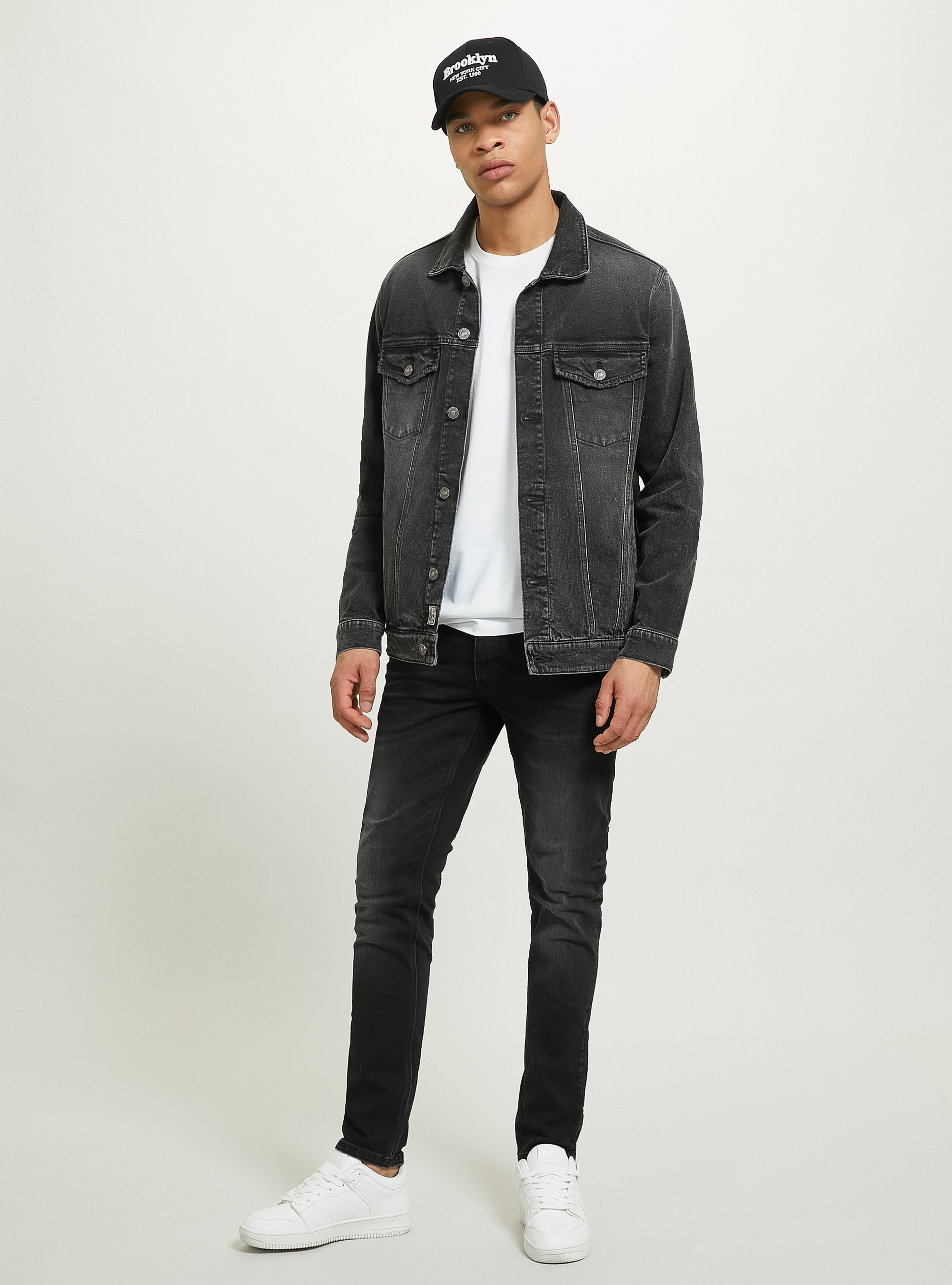 Stretch black denim jacket deals