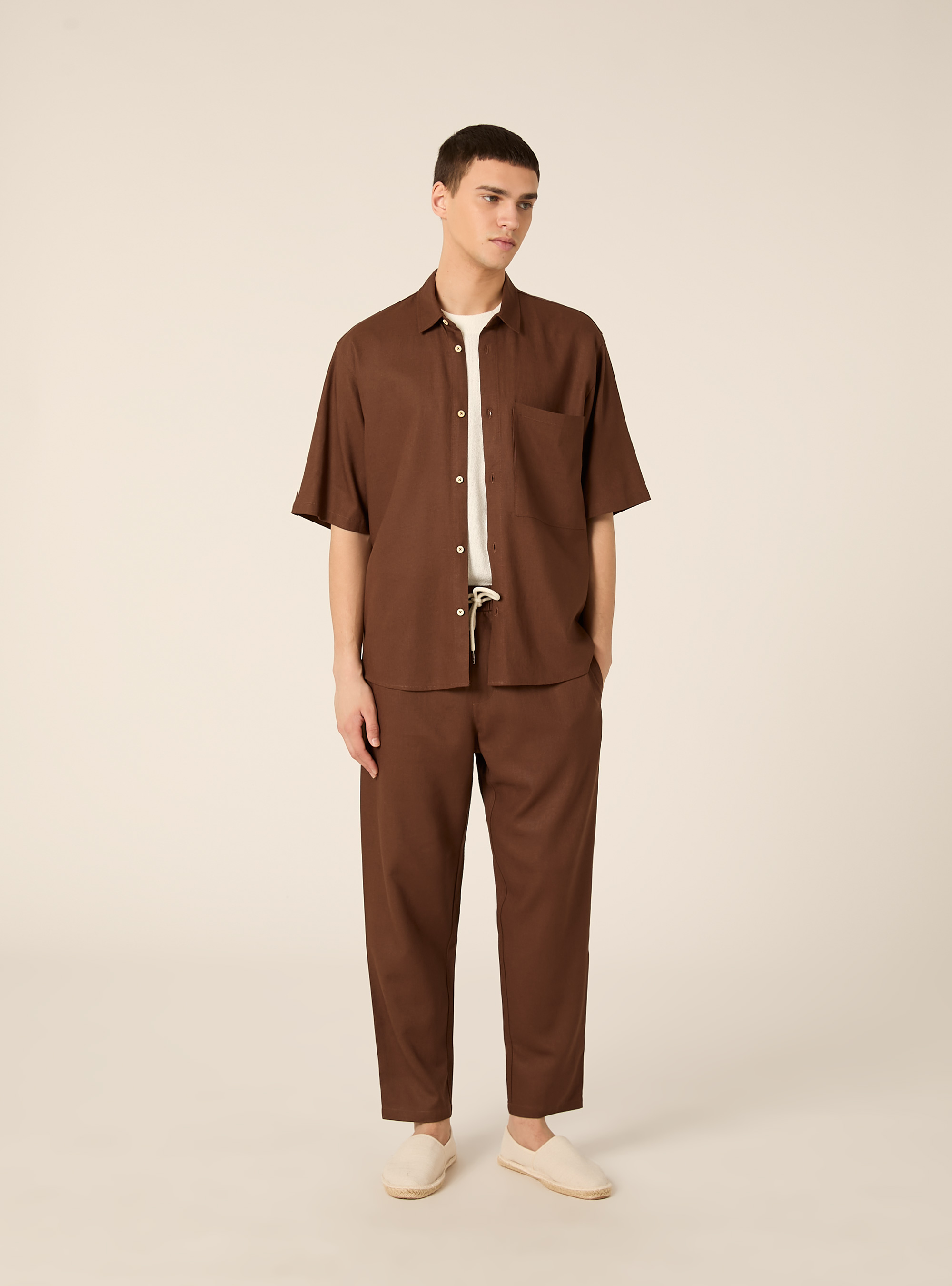 Pantalaccio in misto lino  con coulisse in vita, BR1 BROWN DARK