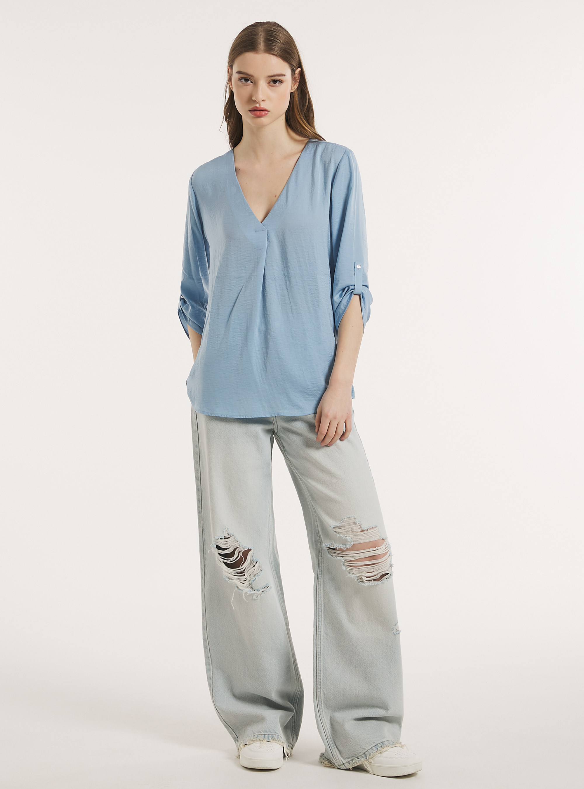 Chemisier uni avec encolure, AZ3 AZURE LIGHT