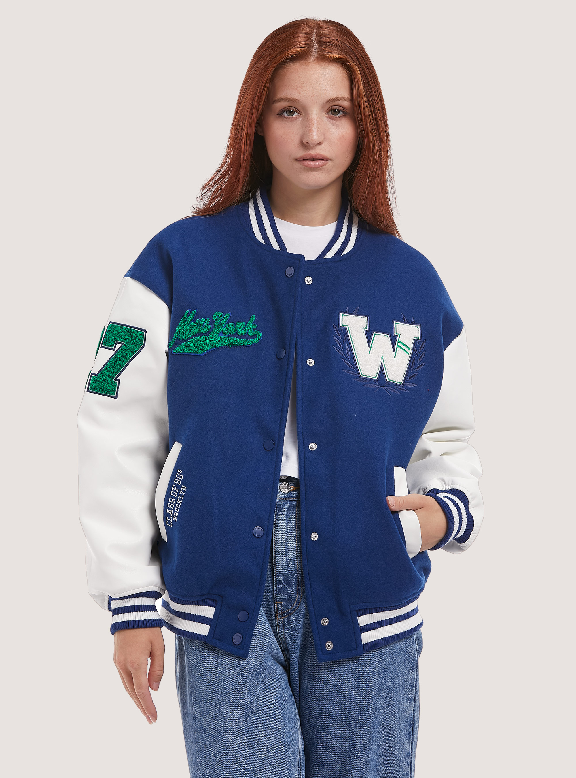 College Bomber Jacket with Patches, RY2 MEDIUM ROYALE
