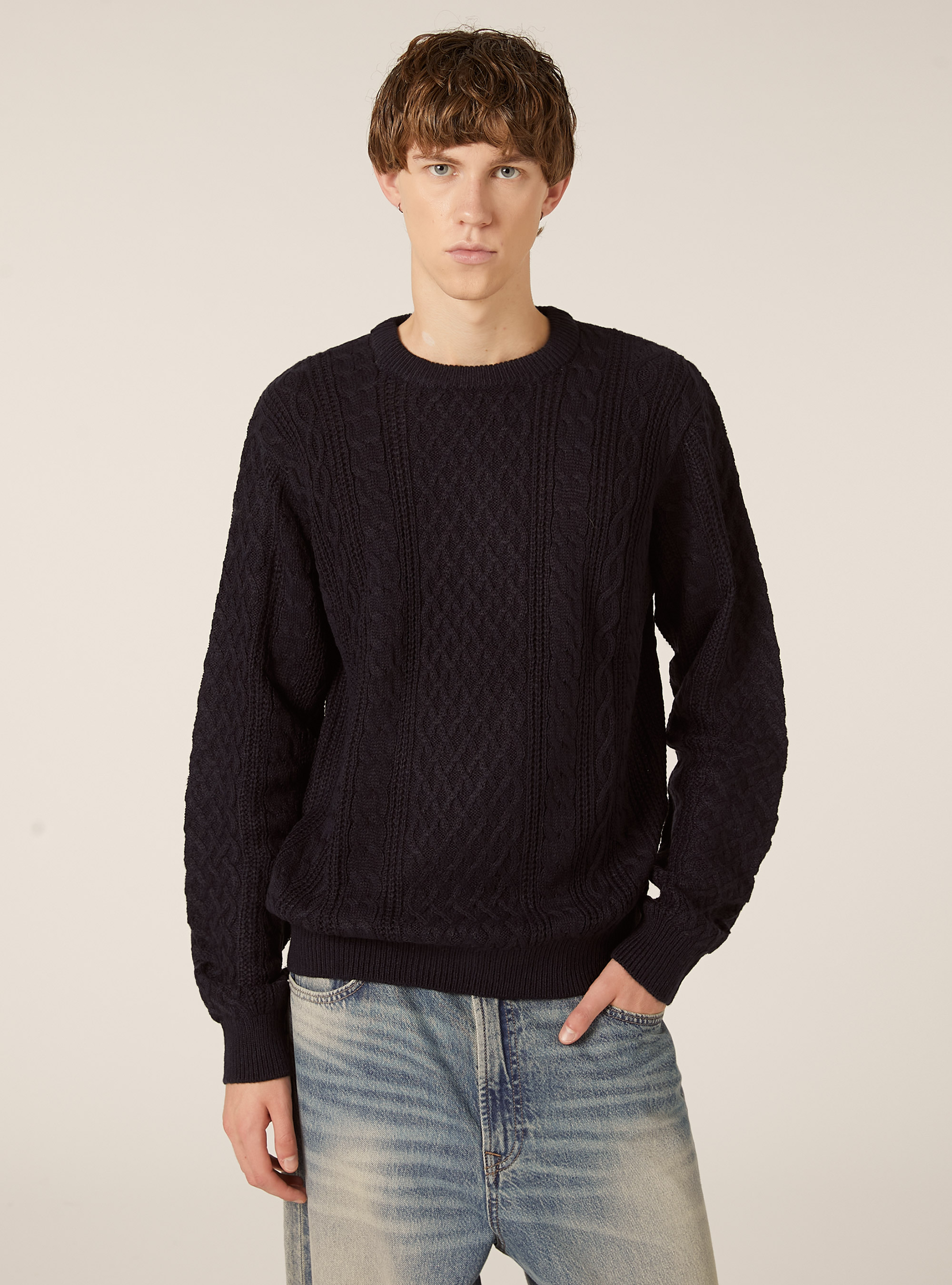 Crew-neck pullover with braids, BLUE NAVY