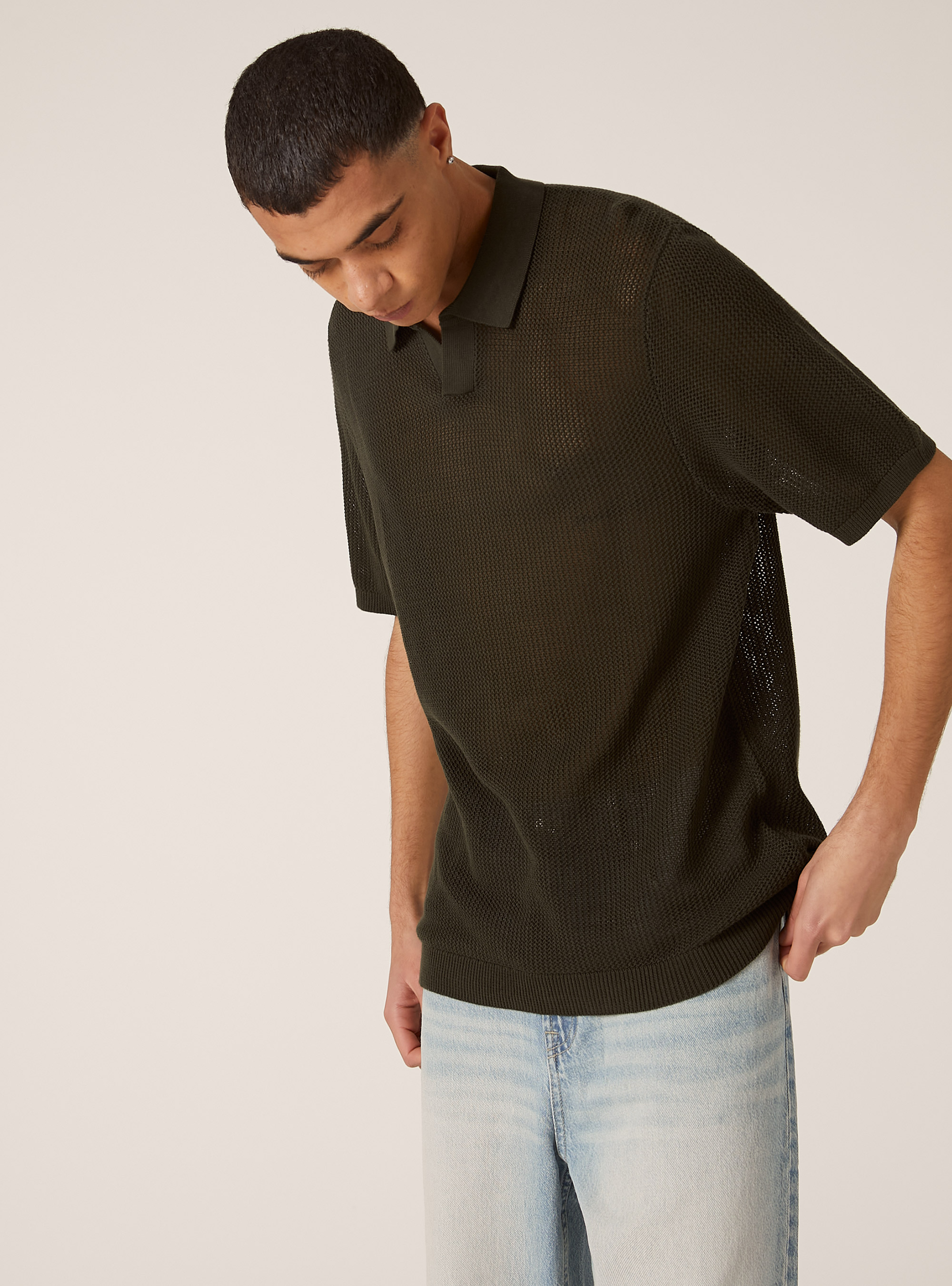 Perforated knit polo shirt, KY3 KAKY LIGHT
