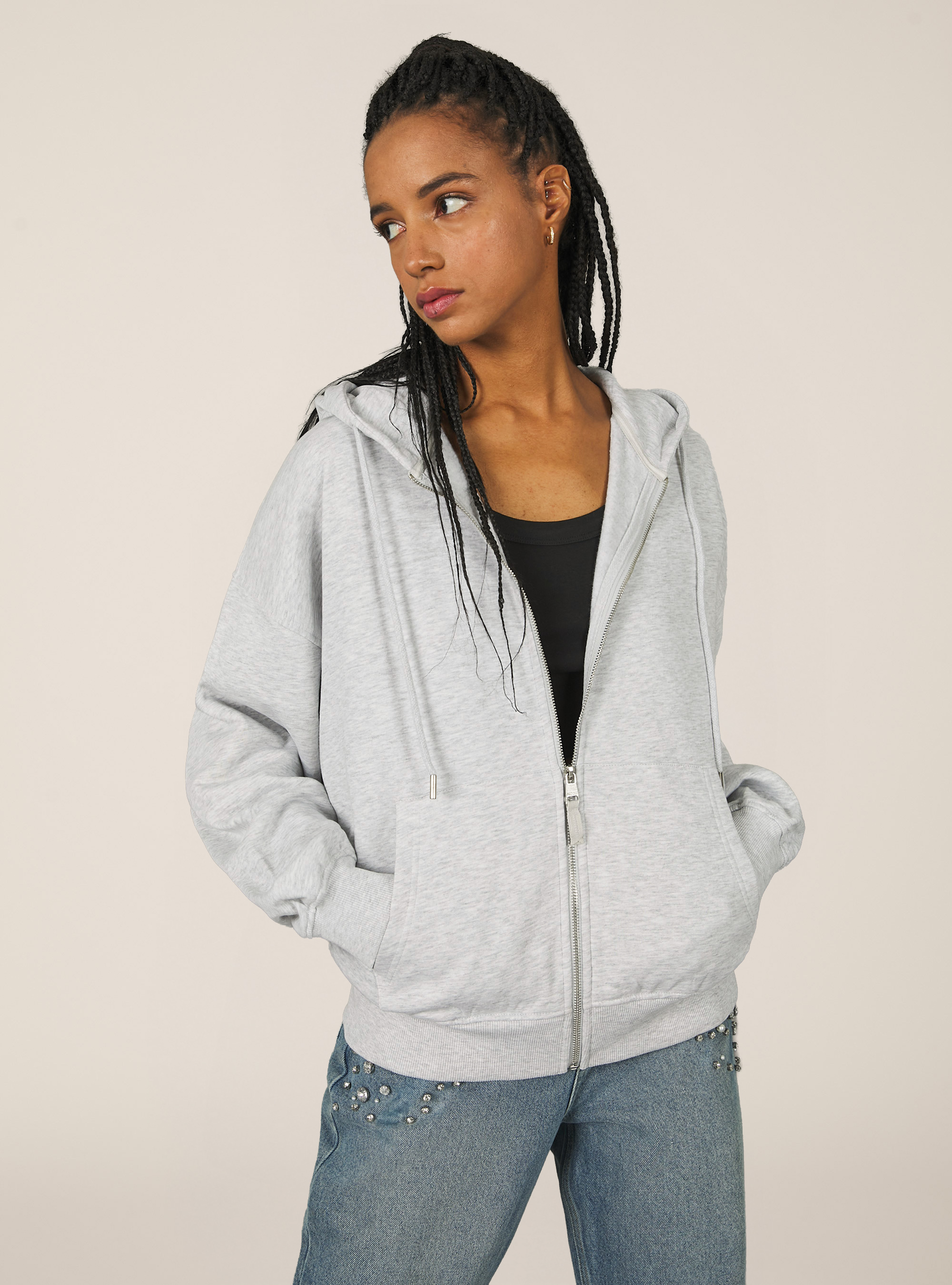 Zip et sweat à capuche en coton, MGY3 GREY MEL LIGHT