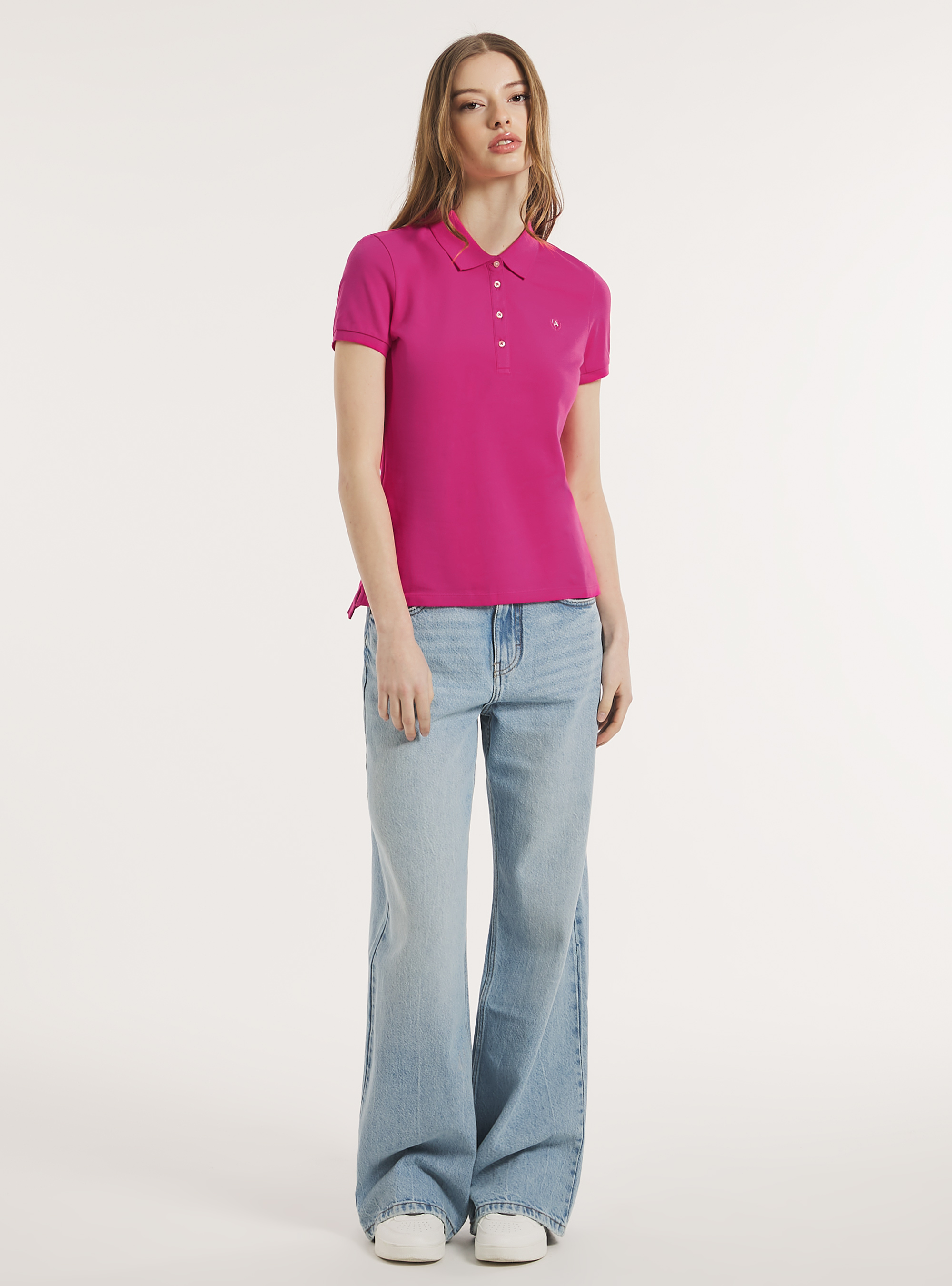 Cotton piqué polo shirt with embroidery, FX2 FUXIA MEDIUM