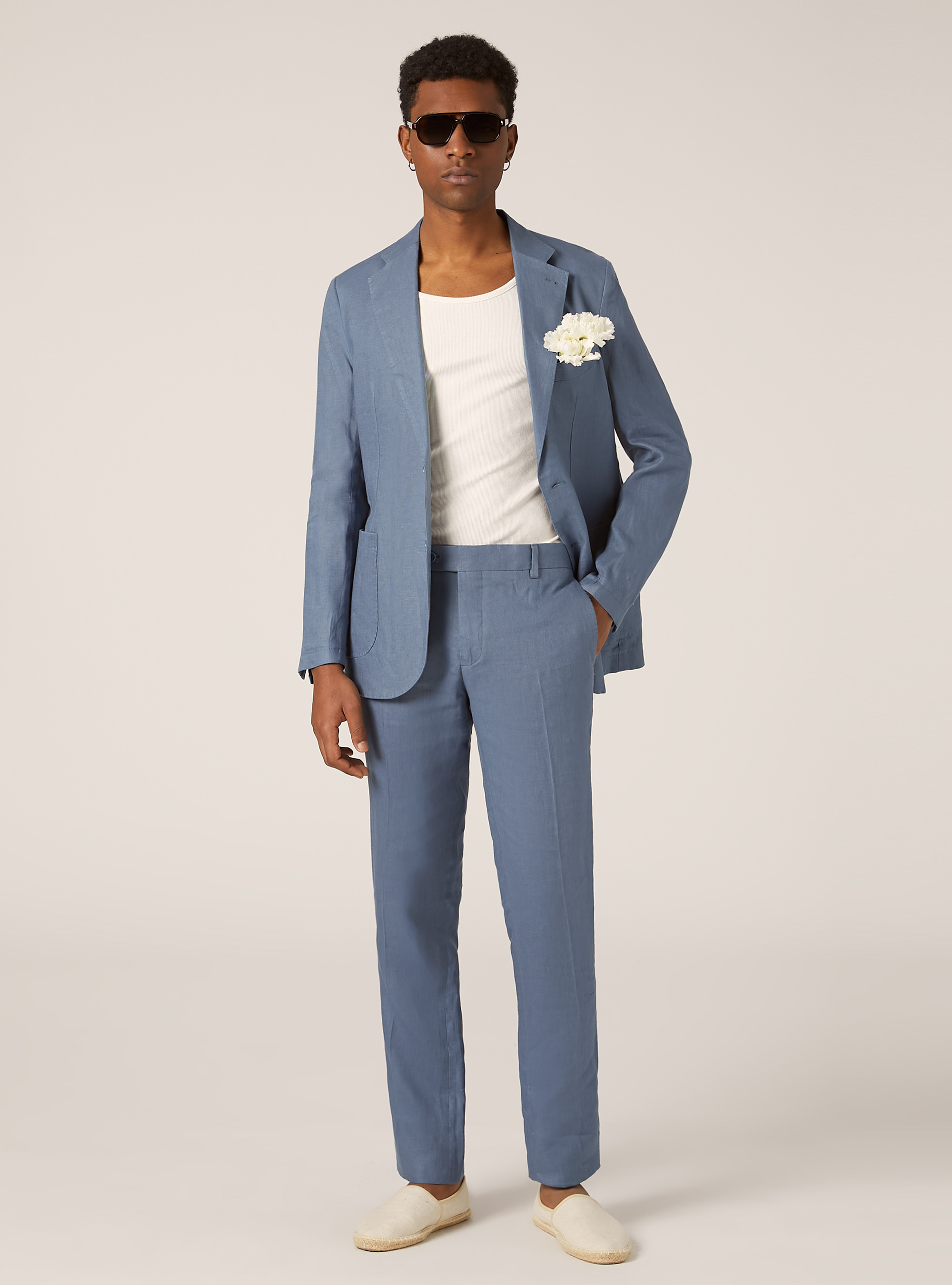 Chaqueta de lino puro con botonadura simple, OB2 BLUE OIL MED.