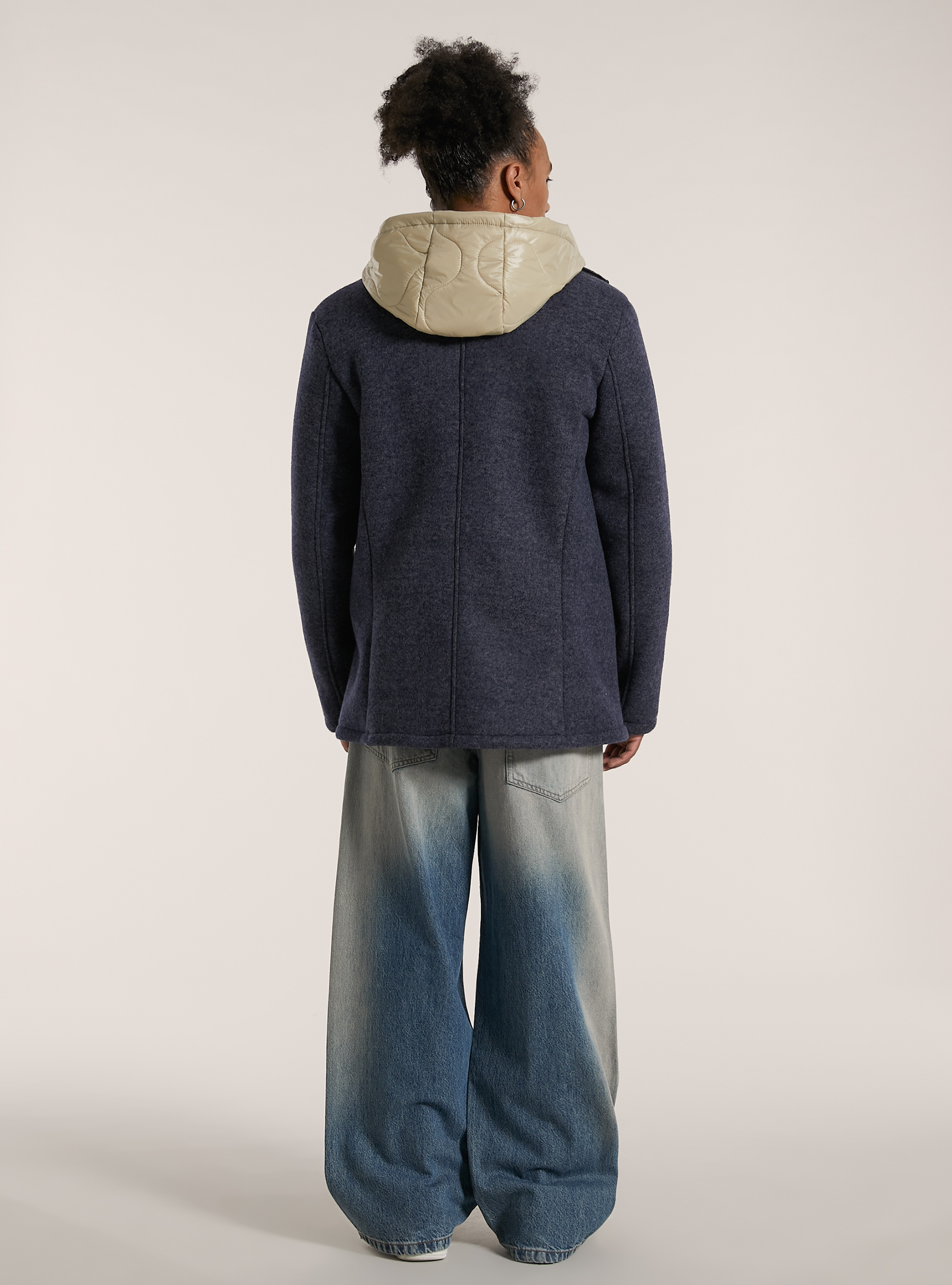 Cappotto doppiopetto con cappuccio trapuntato, NA1 NAVY DARK