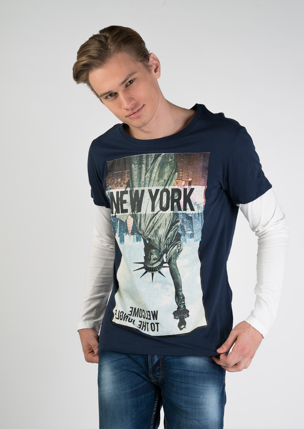 Maglietta a maniche lunghe con stampa, BLU MARINO