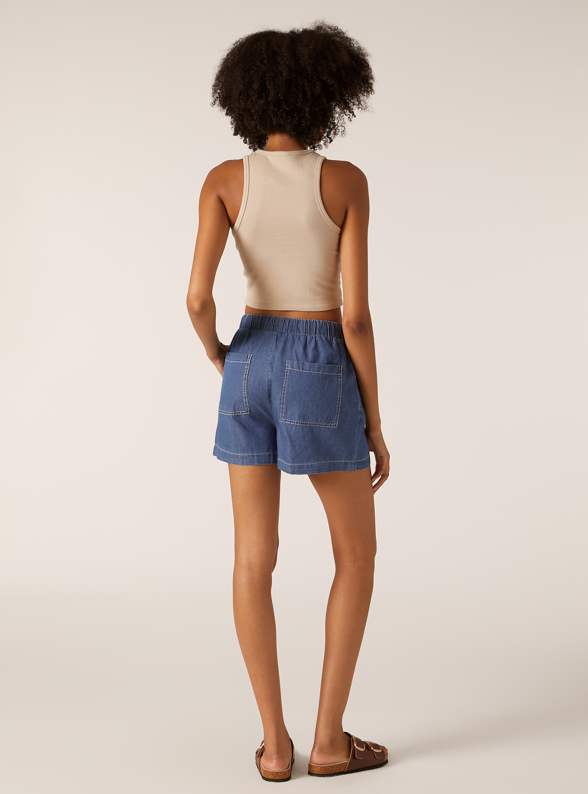 Short avec ceinture &eacute;lastiqu&eacute;e en chambray, D003 MEDIUM BLUE