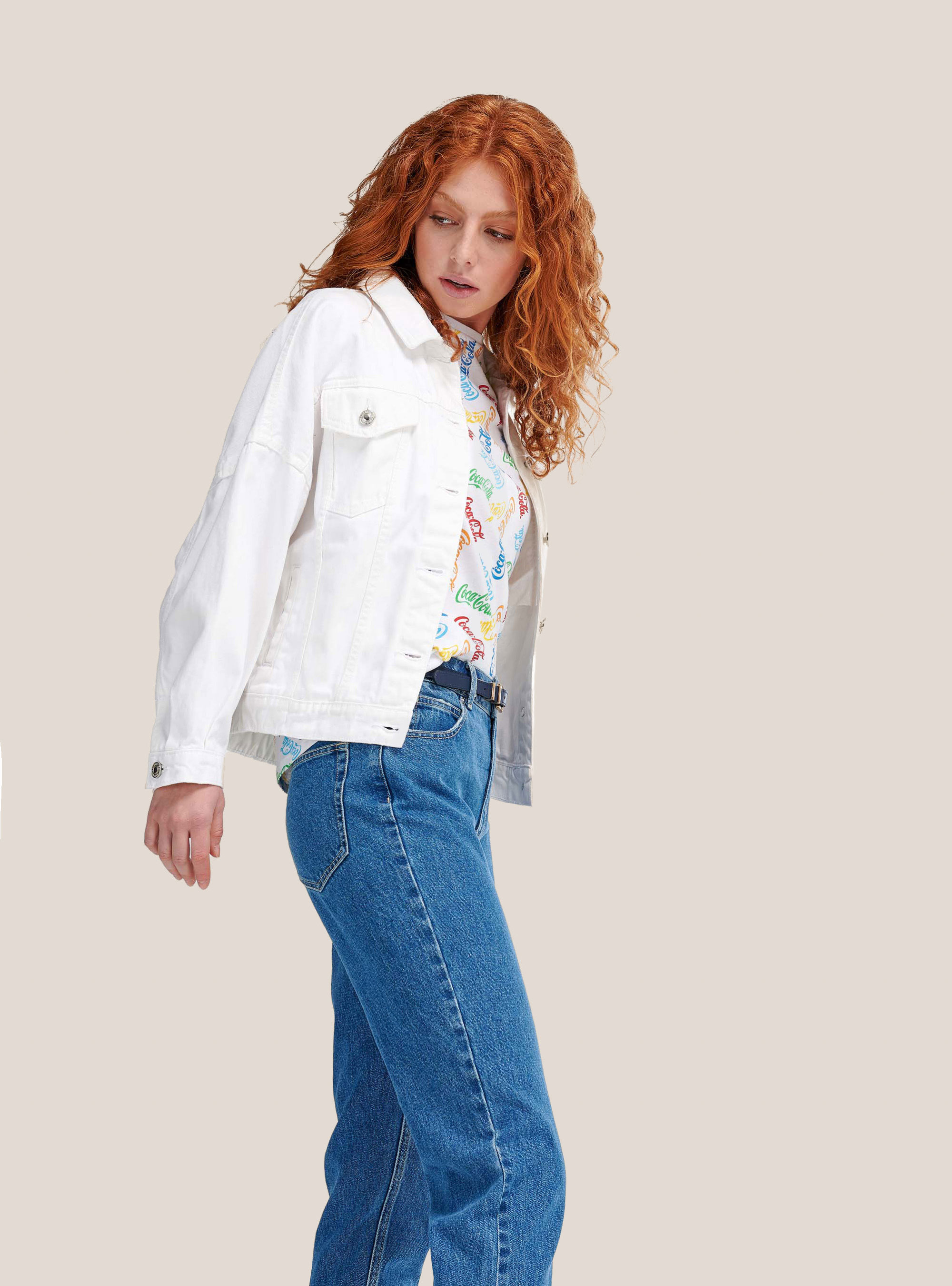 Giubbotto denim oversize fit con elastico in vita, BIANCO