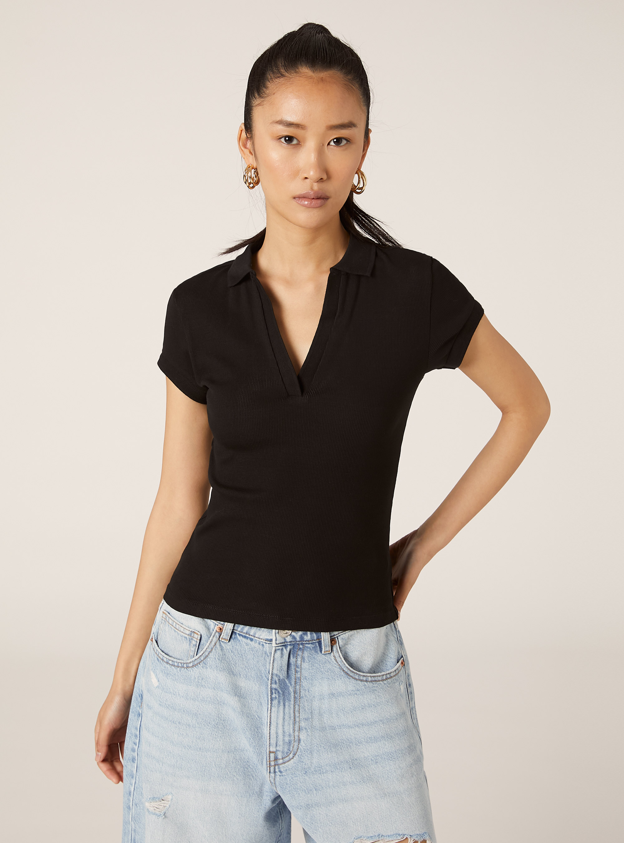 Geripptes Baumwoll-Poloshirt, BK1 BLACK