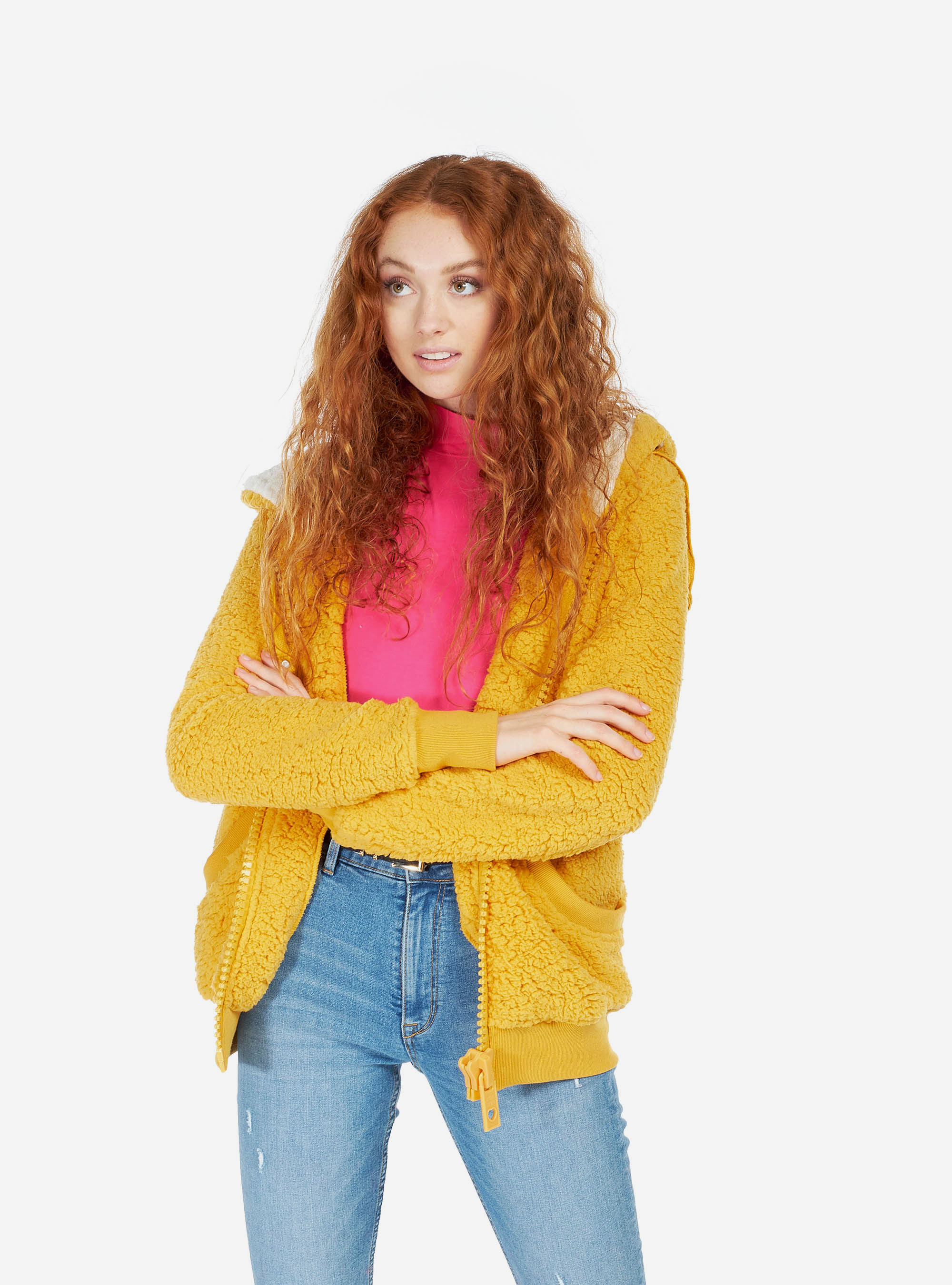 Hooded sweatshirt with faux fur ears, MUSTARD