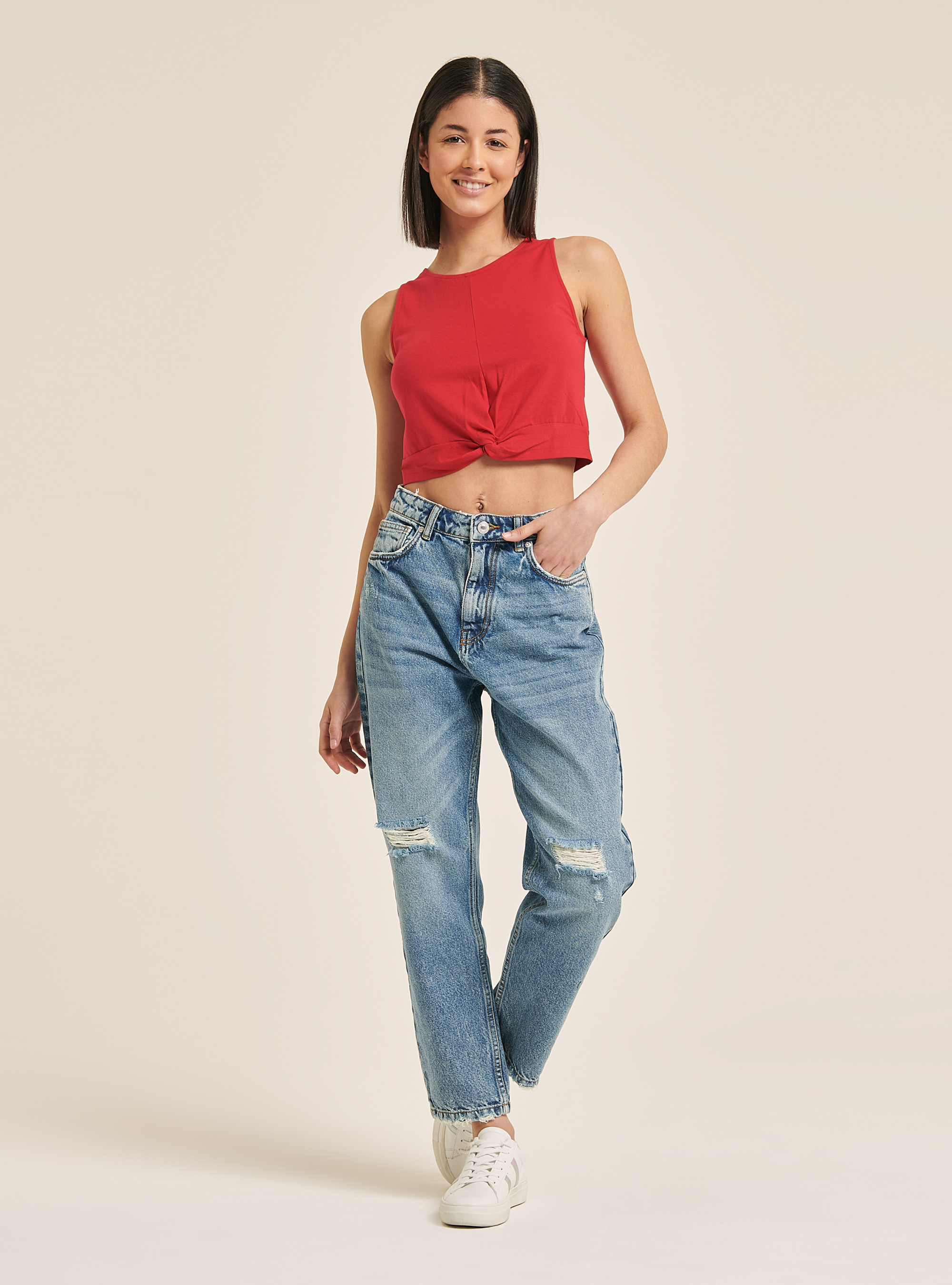 Basic tank top with knot in cotton, C3376 RED