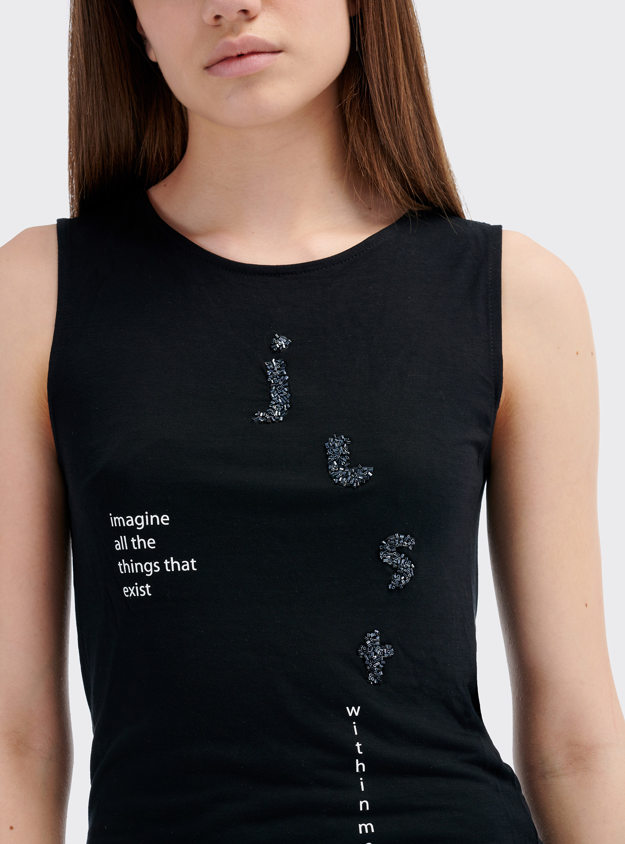 Top asimmetrico con dettagli con brillantini, BLACK