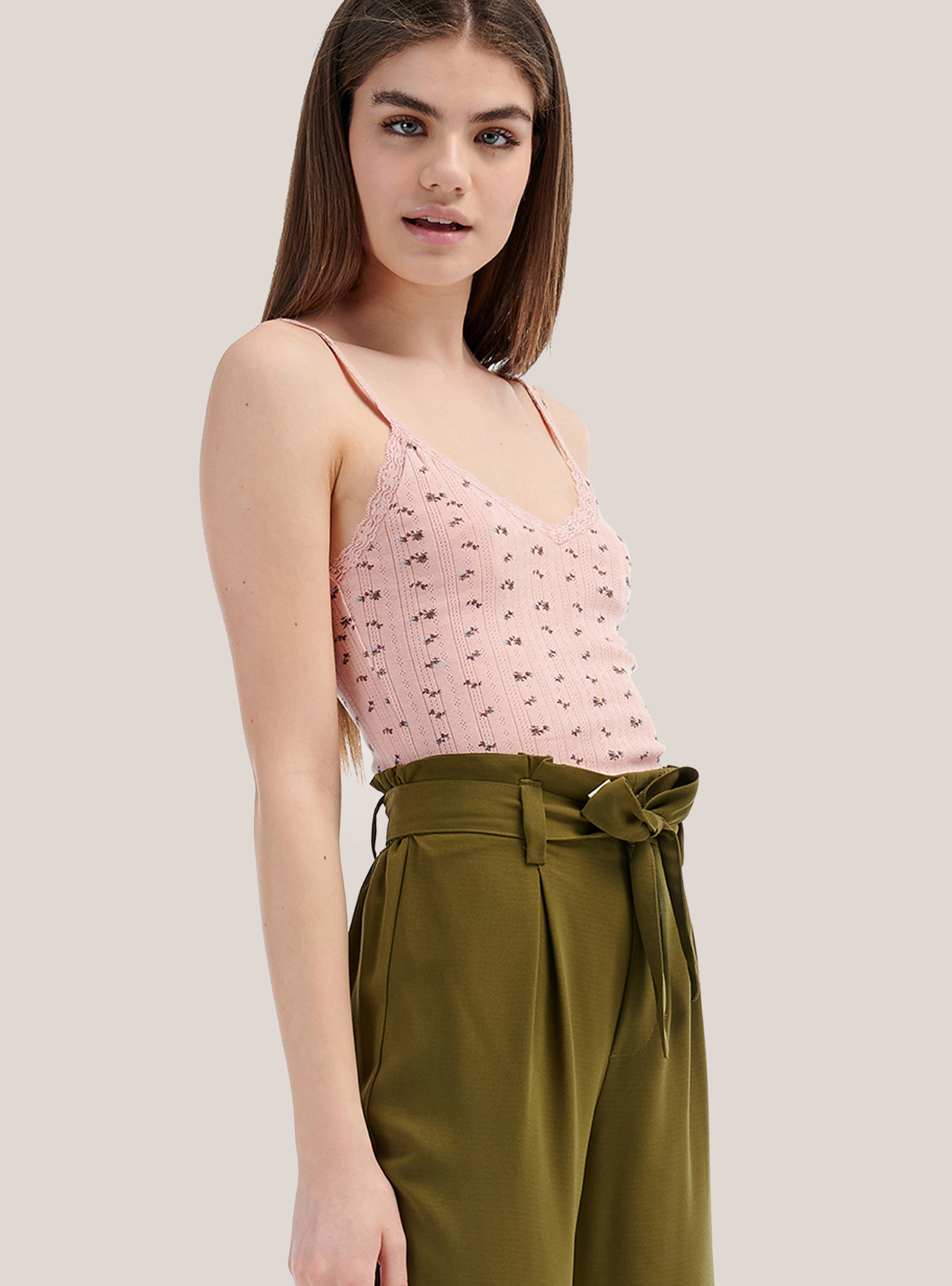 Cropped top a costina con stampa a fiori, ROSA