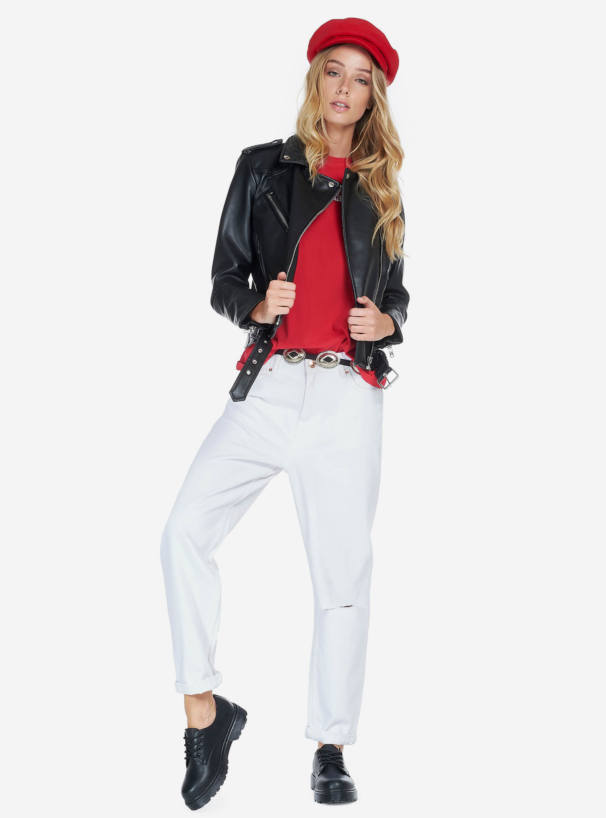 CAZADORA DE MOTOCICLISTA DE CUERO ECOL&Oacute;GICO, NEGRO