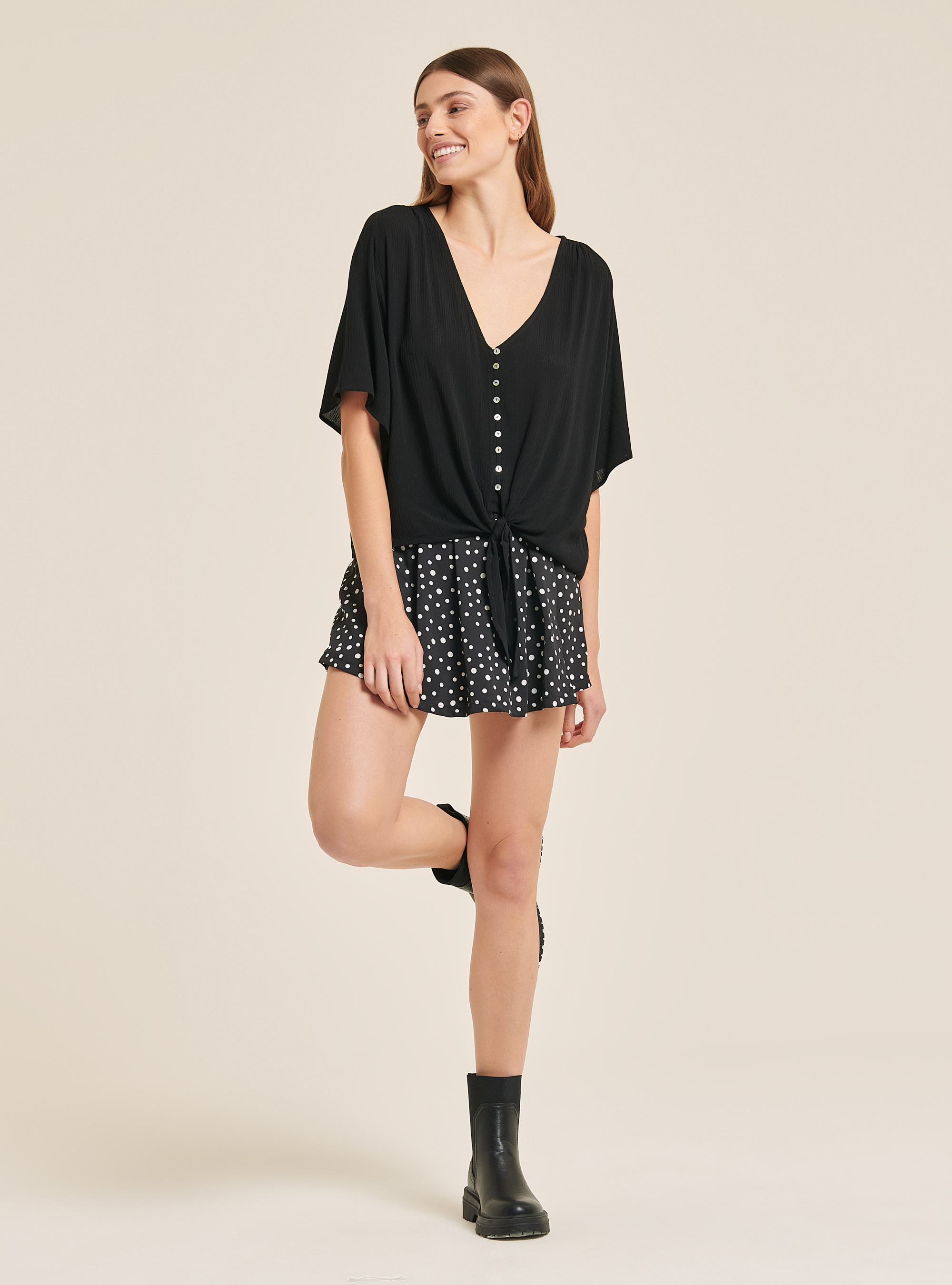 Chemisier col v couleur unie, C101 BLACK