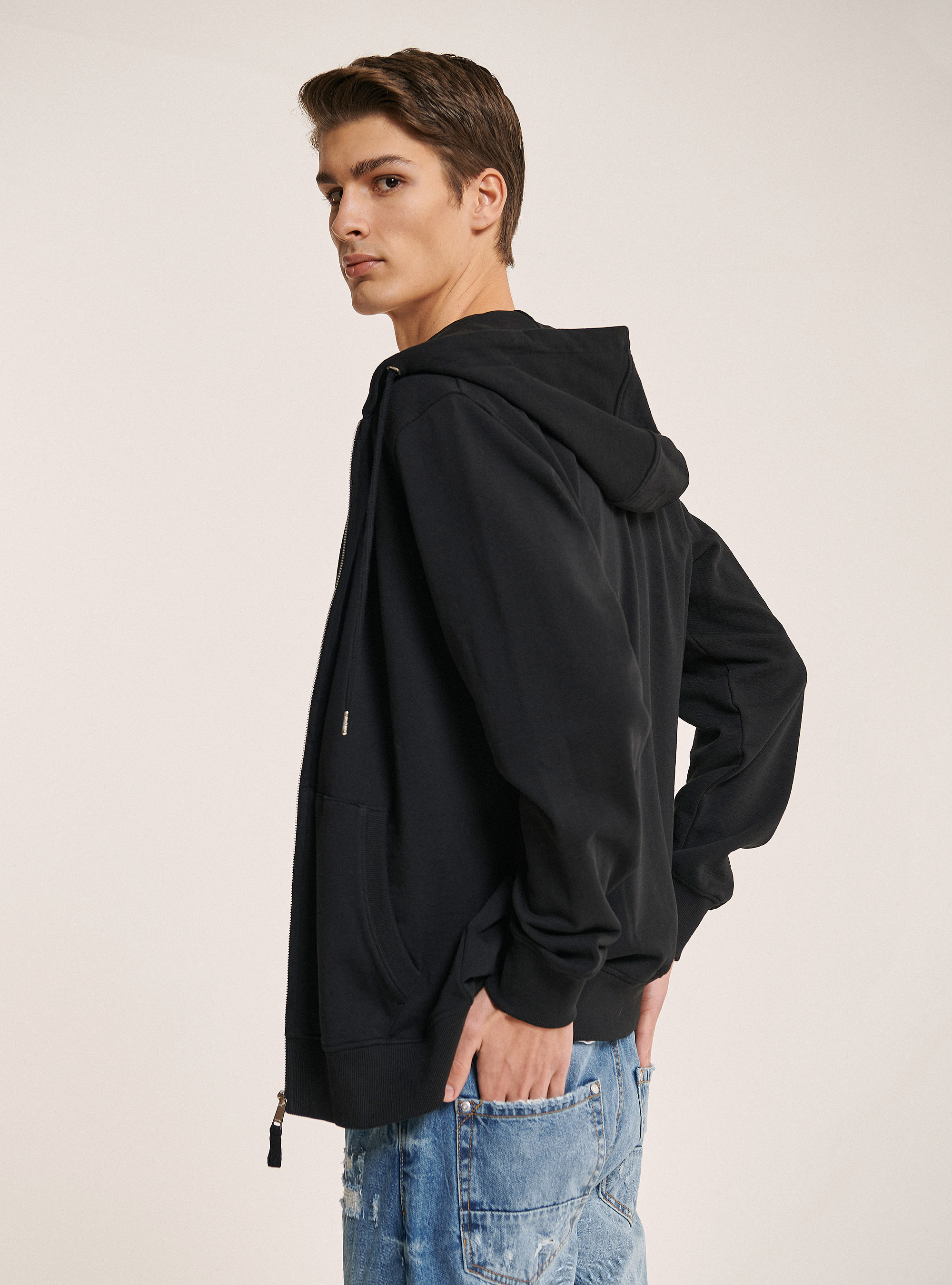 Basic hooded sweatshirt in cotton, BLACK