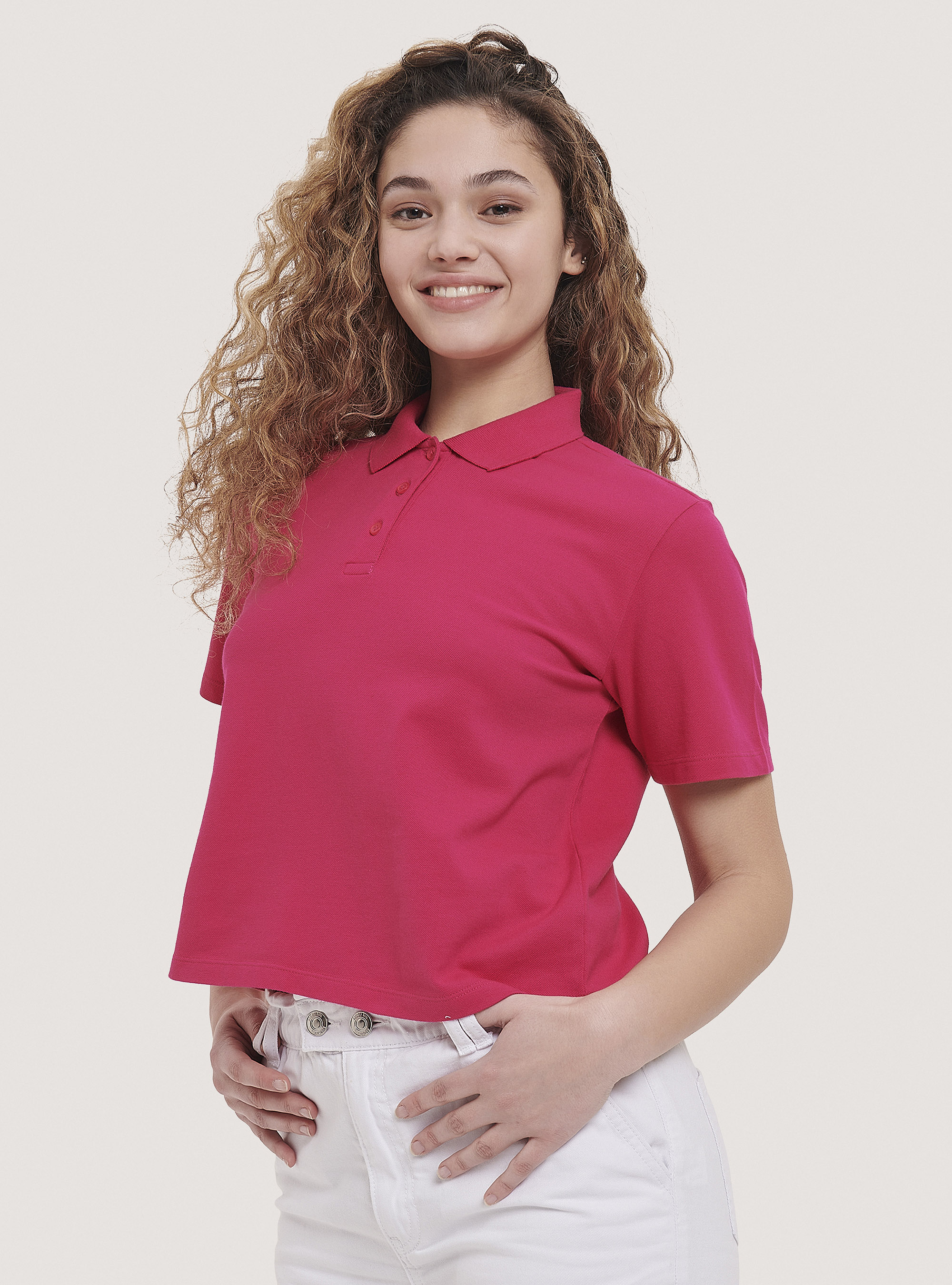 Solid colour crop fit polo shirt, FUXIA