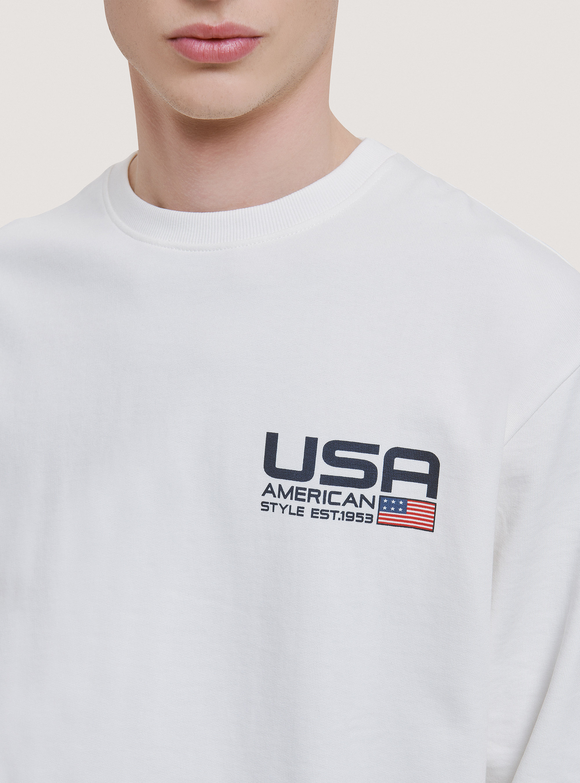 Crew-neck cotton sweatshirt with print, C0020 OFF WHITE