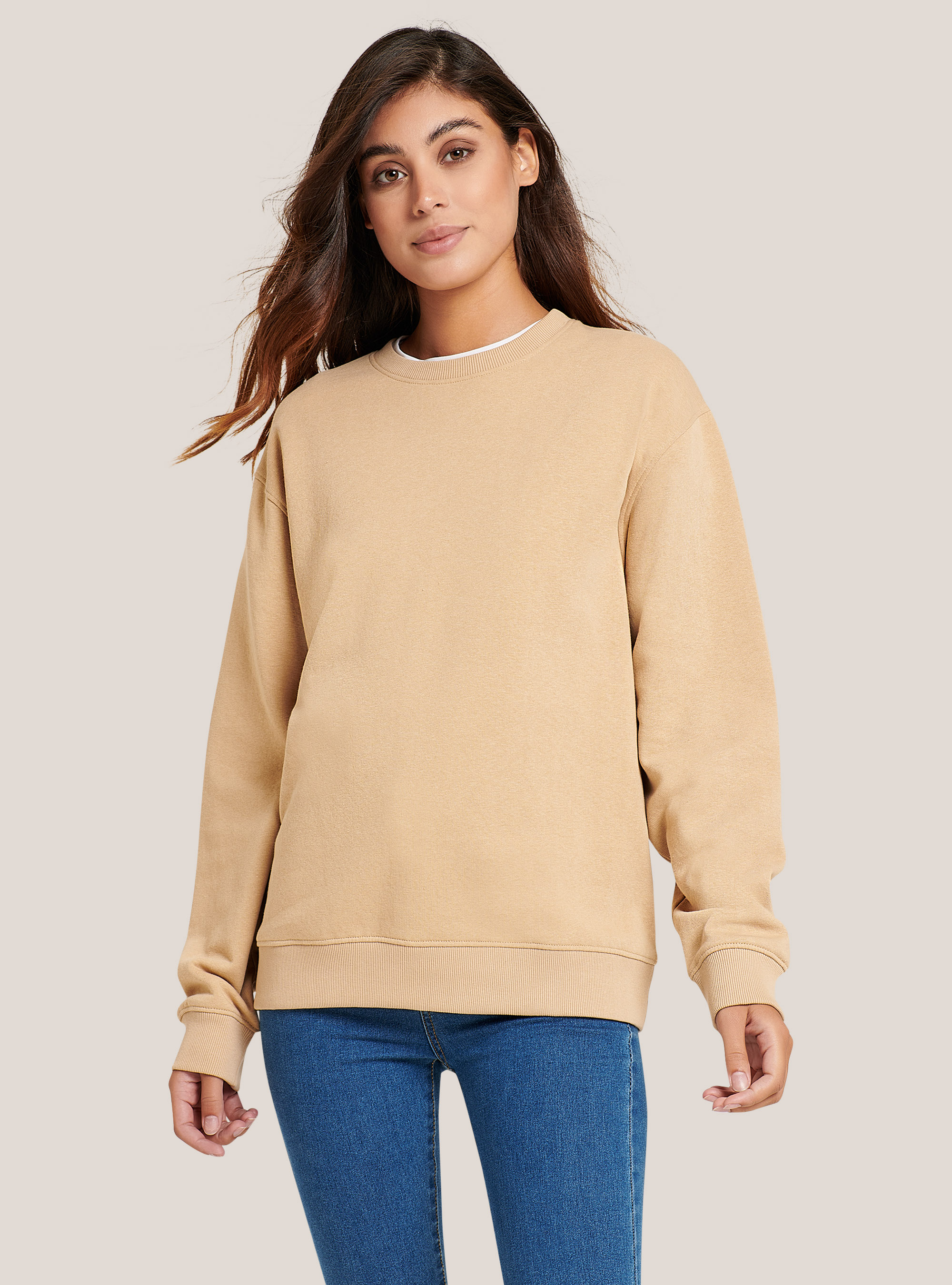Basic round-neck cotton sweatshirt, C0536 BEIGE
