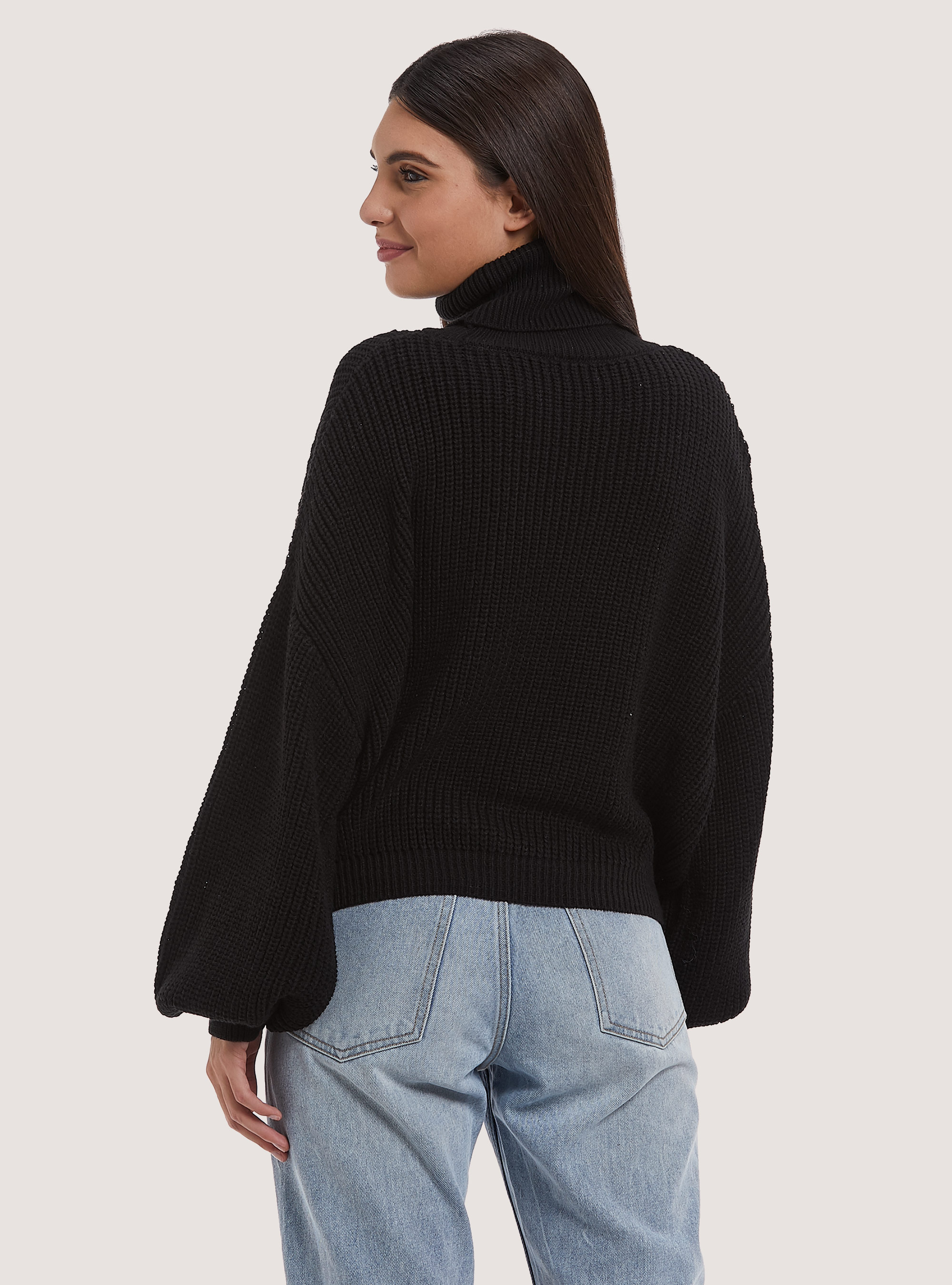 High-necked comfort fit English rib pullover, BLACK