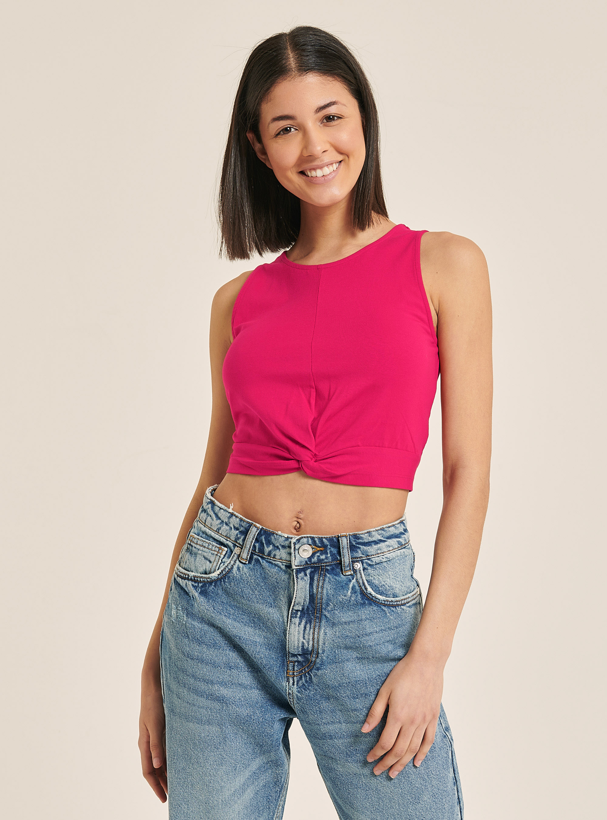 Basic cropped tank top with cotton knot, FUXIA