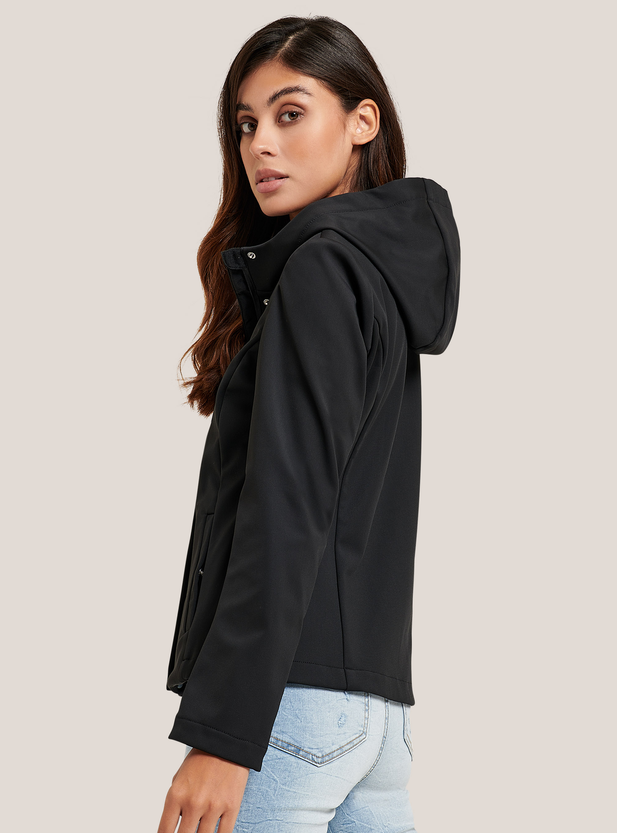 Technical fabric jacket with hood, BLACK