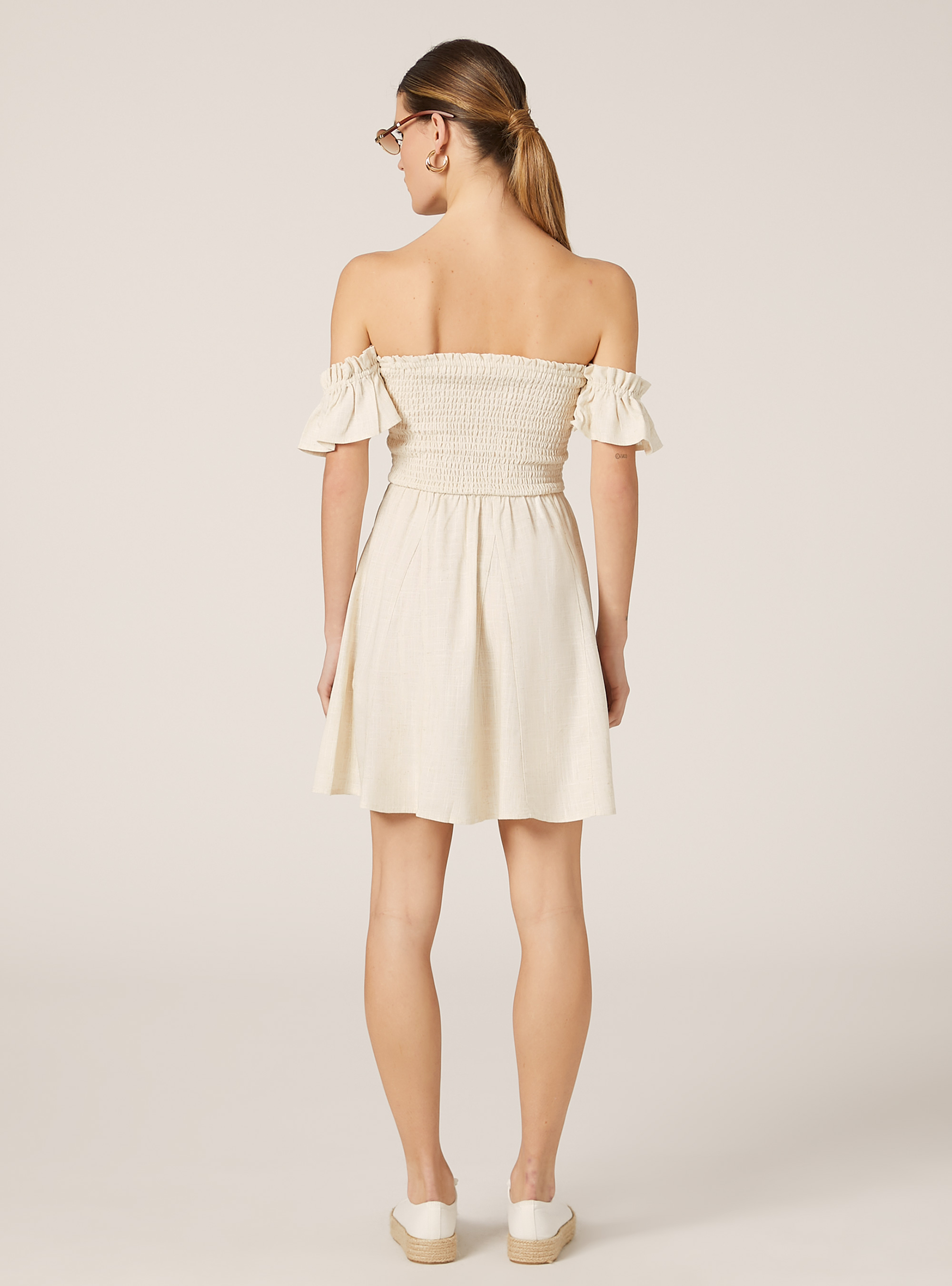 Linen blend gathered dress, MBG3 BEIGE MEL LIGHT