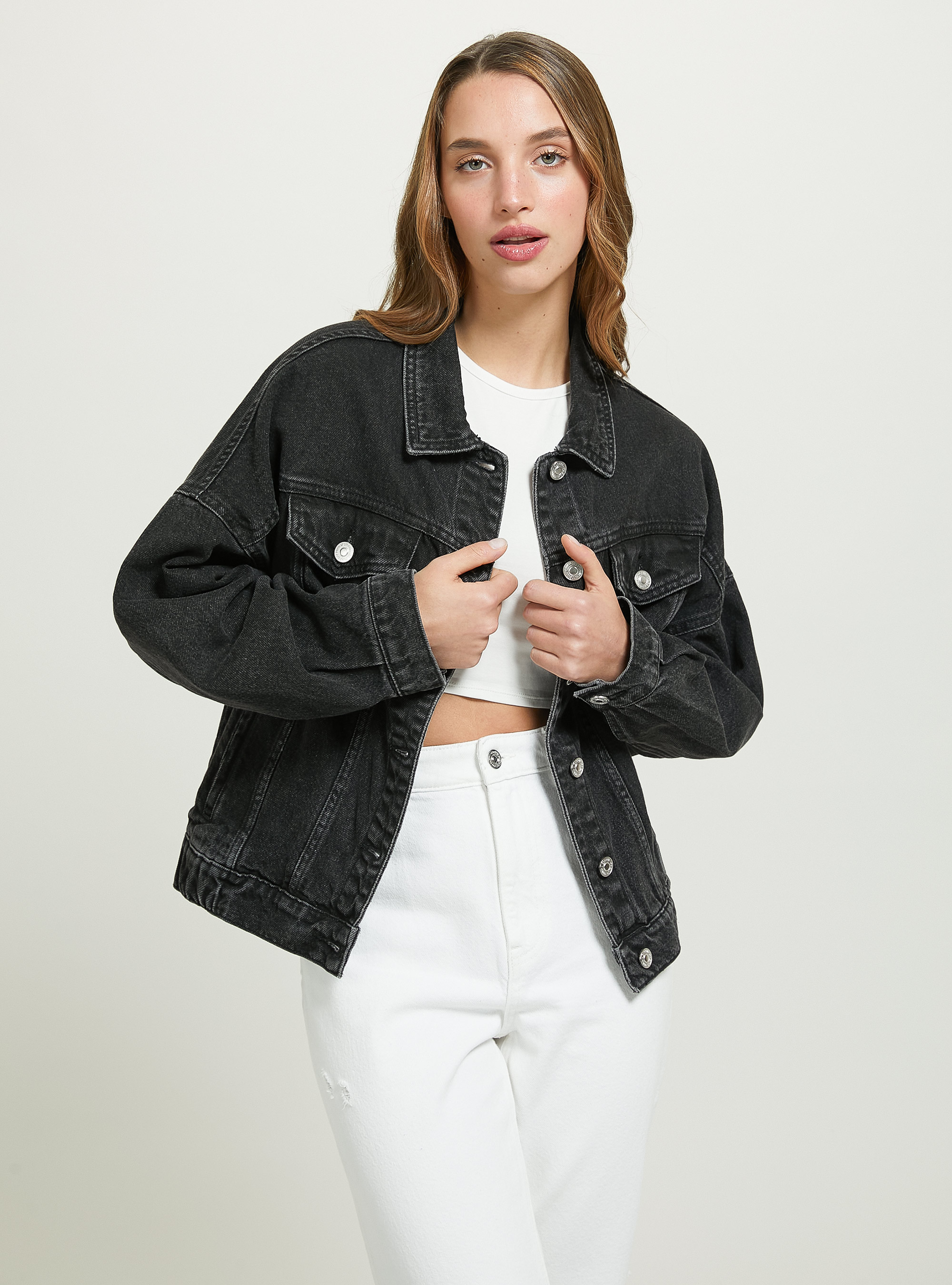 Denim jacket with elasticated waist, D000 BLACK